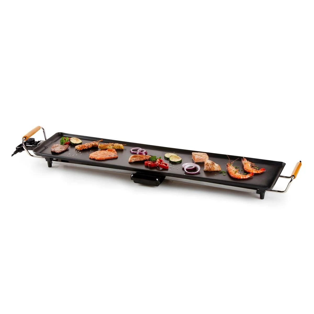 Plancha eléctrica negra con comida. Incluye camarones, pescado y verduras. Mango de madera lateral.