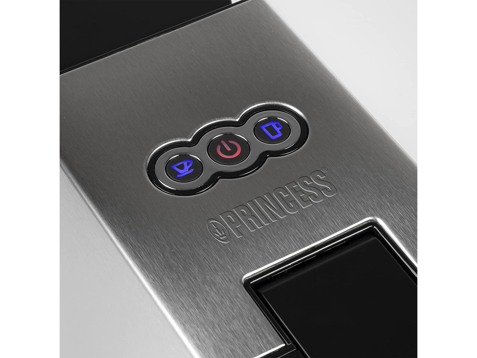 Zbliżenie srebrnego ekspresu do kawy z logo Princess. Widoczne są trzy przyciski. Zasilanie, Kawa i Espresso.