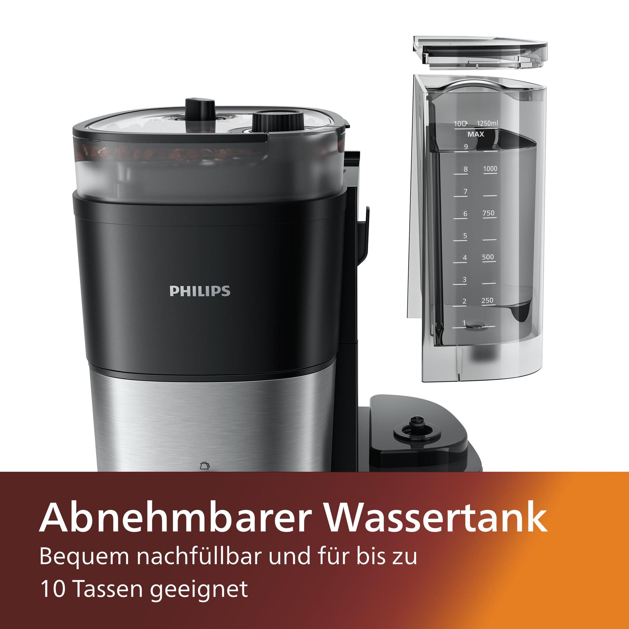 Una macchina da caffè Philips con un serbatoio dell'acqua staccato. Il serbatoio ha delle misurazioni. Il testo recita Abnehmbarer Wassertank.