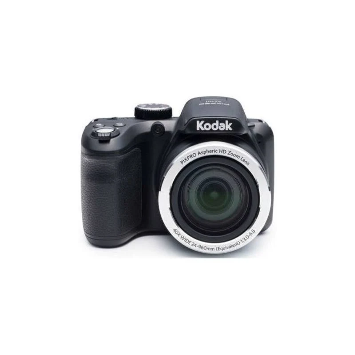 Czarny aparat Kodak z dużą soczewką, logo Kodak i białym pierścieniem wokół obiektywu.