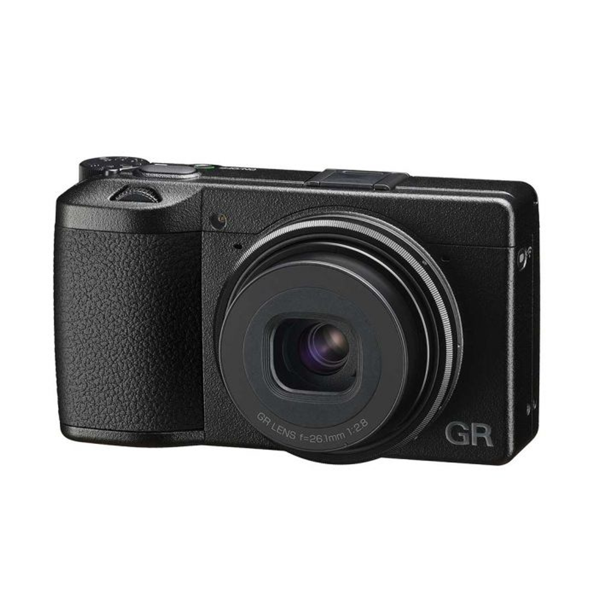 Fotocamera nera con obiettivo, contrassegnata 'GR LENS f=26.1mm 1:2.8' e 'GR'. Su sfondo bianco.