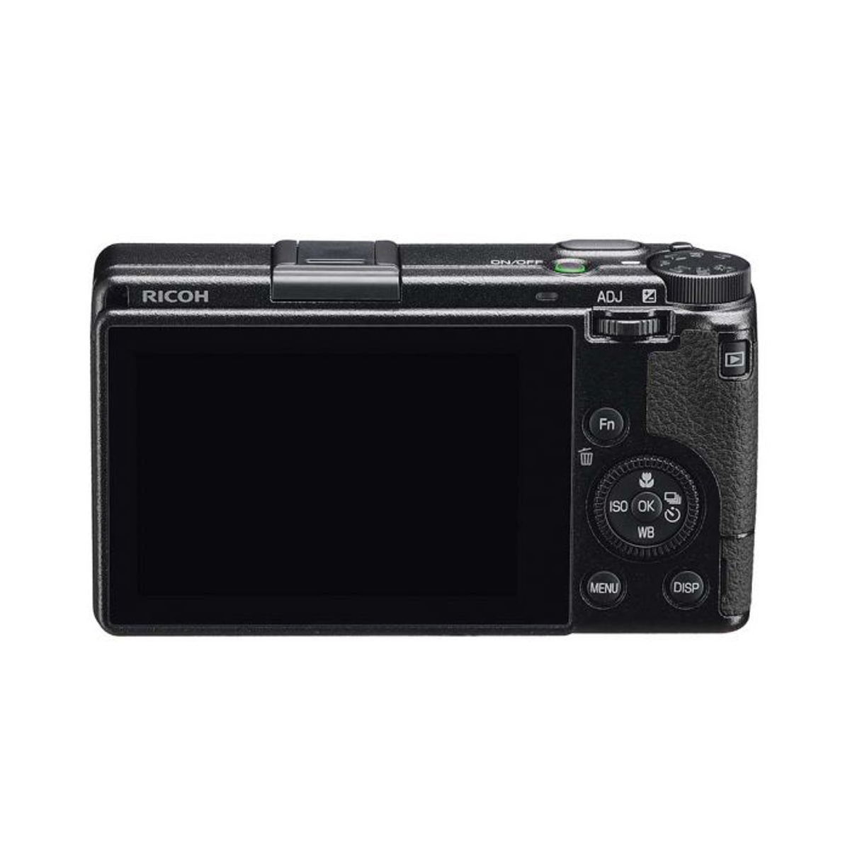 Fotocamera Ricoh nera con display su bianco.
