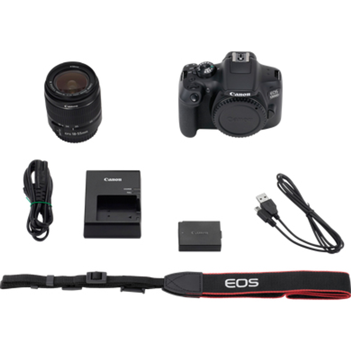 Kit de cámara con cuerpo de cámara, lente, cargador, batería, correa y cables. Fondo blanco.