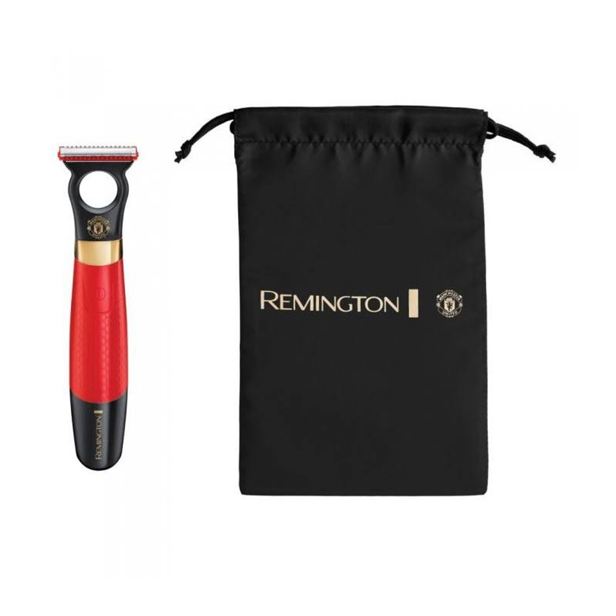 Afeitadora Remington roja y negra y bolsa de almacenamiento negra con el logo Remington.