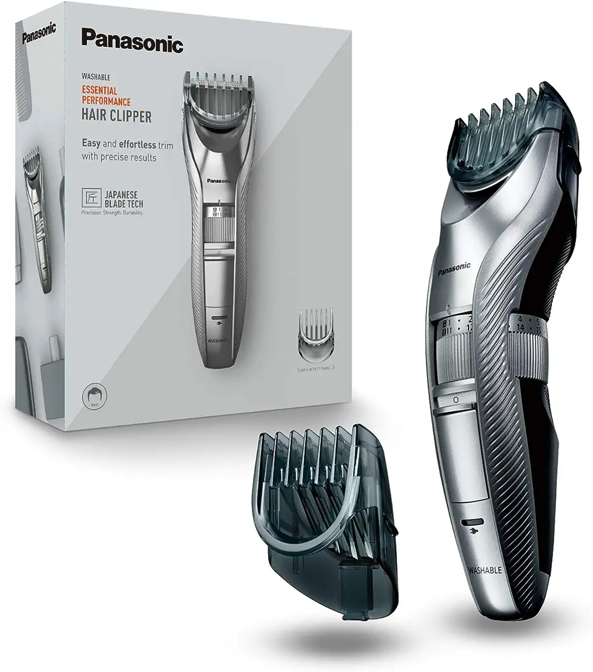 Panasonic Haarschneider-Set. Clipper, verschiedene Kämme und Verpackung gezeigt.
