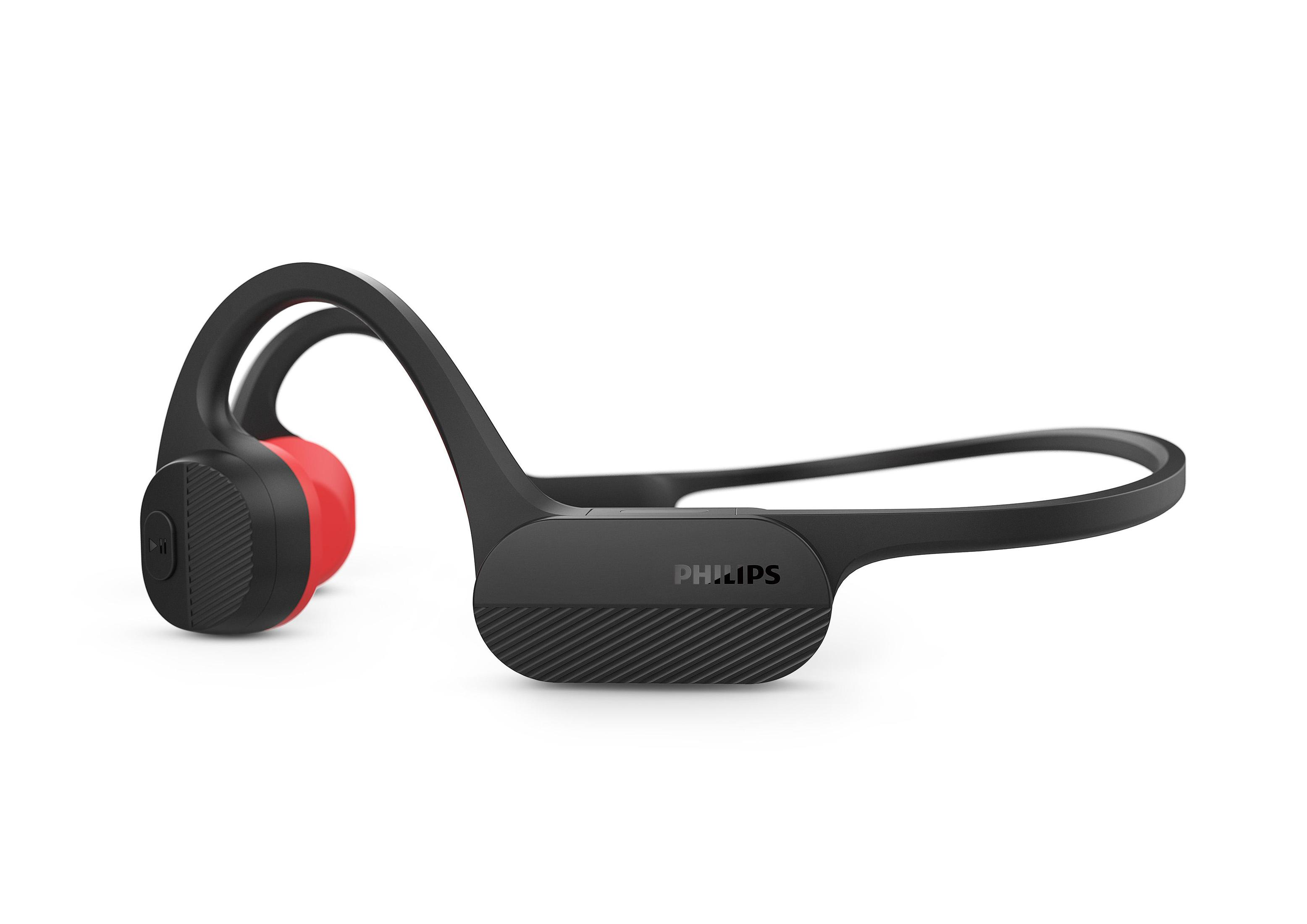 Casque à conduction osseuse noir et rouge. Marque Philips. Design incurvé.