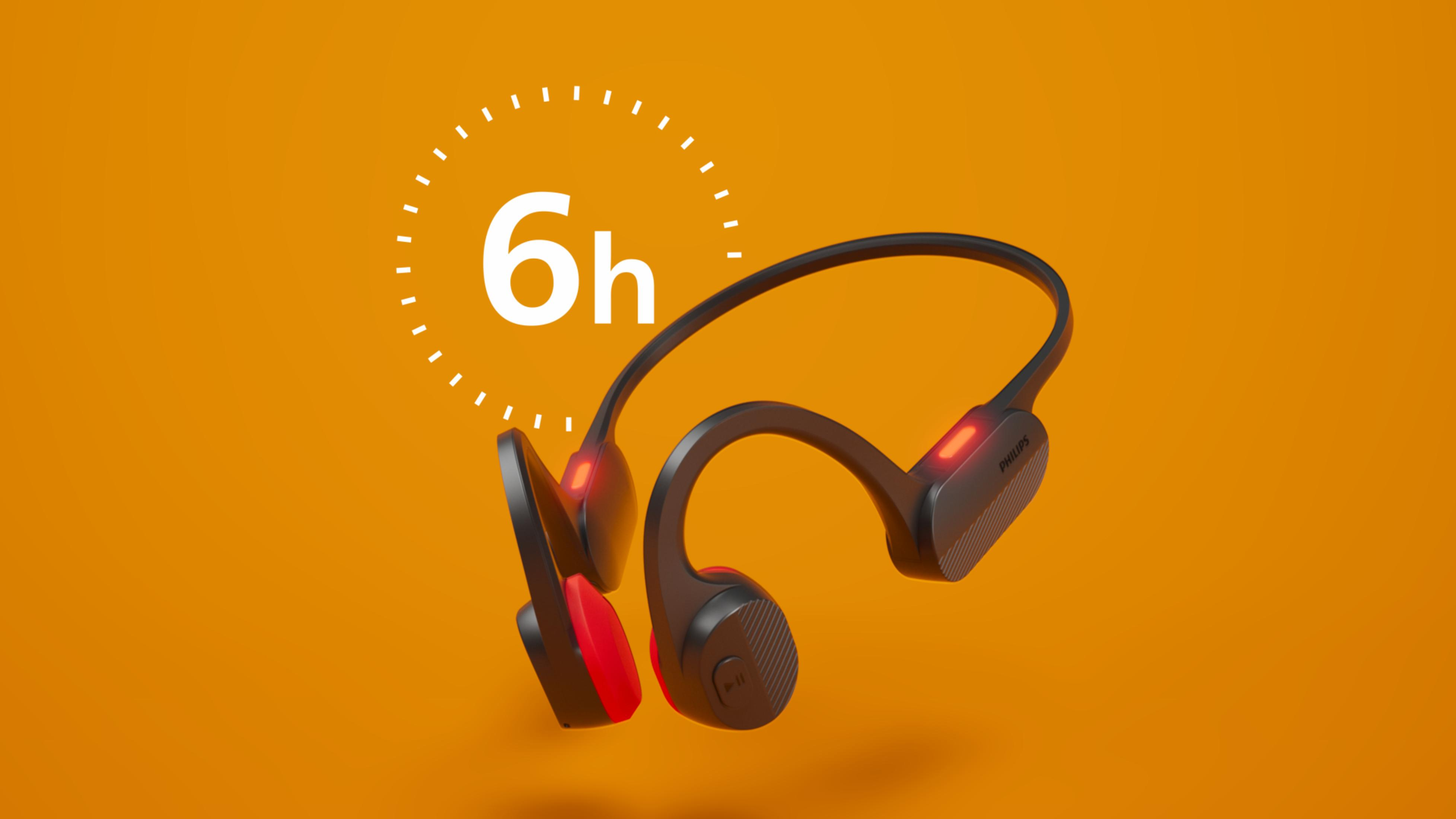 Casque à conduction osseuse noir et rouge. Fond orange avec un graphique '6h'.