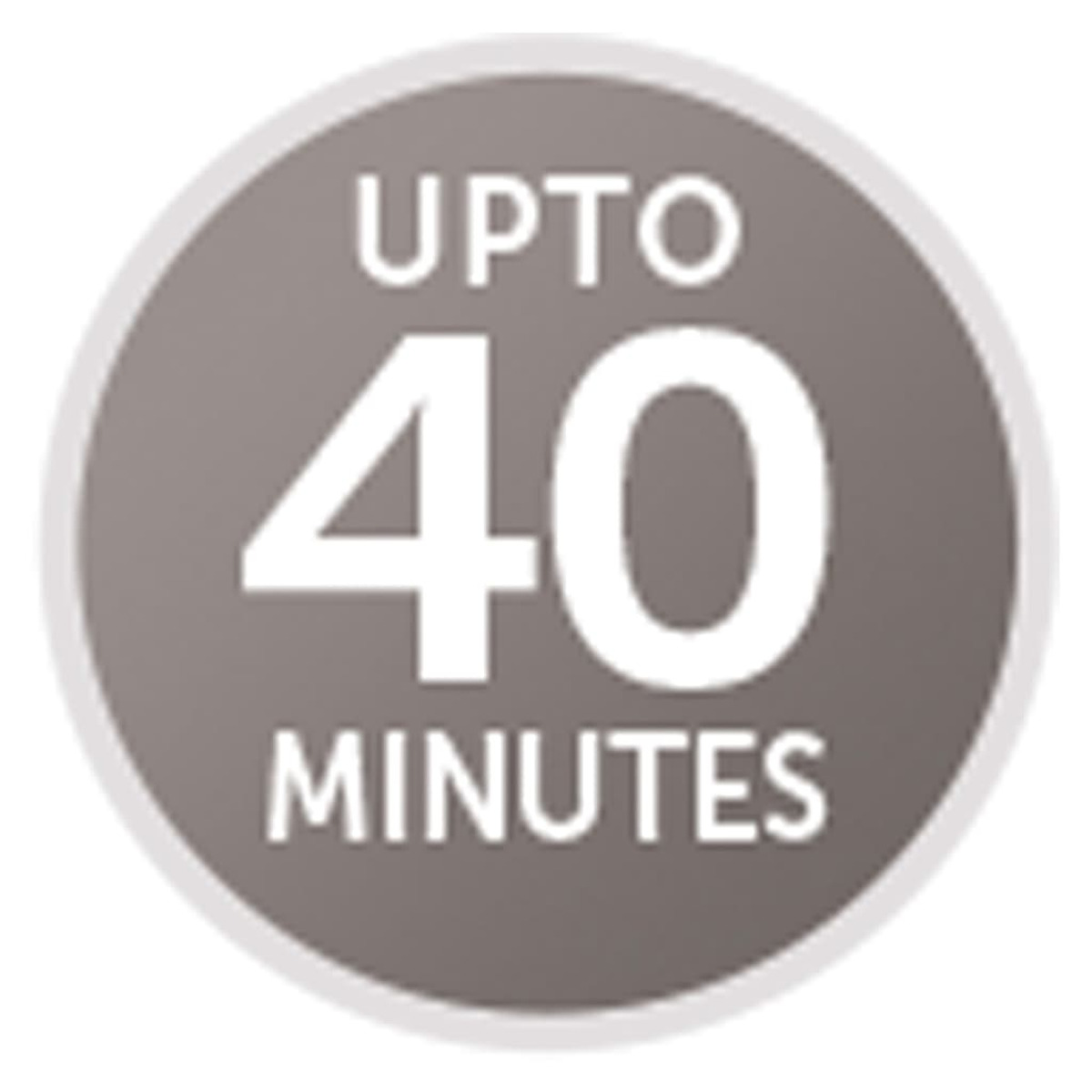 Ein grauer Kreis mit dem Text "UP TO 40 MINUTES" in Weiß.