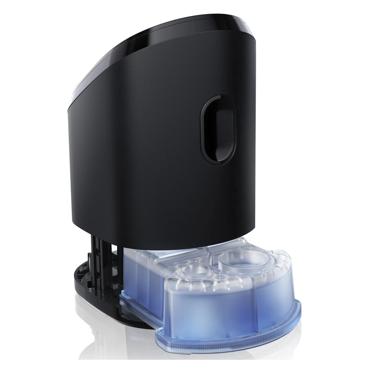 Czarne, cylindryczne urządzenie na białym tle, z przezroczystym pojemnikiem na wodę poniżej.