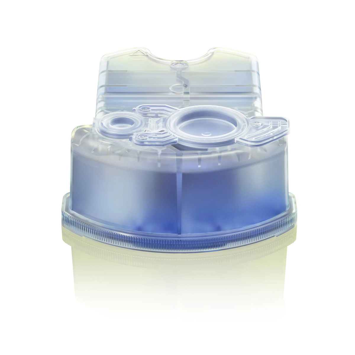 Przezroczysty pojemnik wypełniony niebieskim płynem z pokrywką.