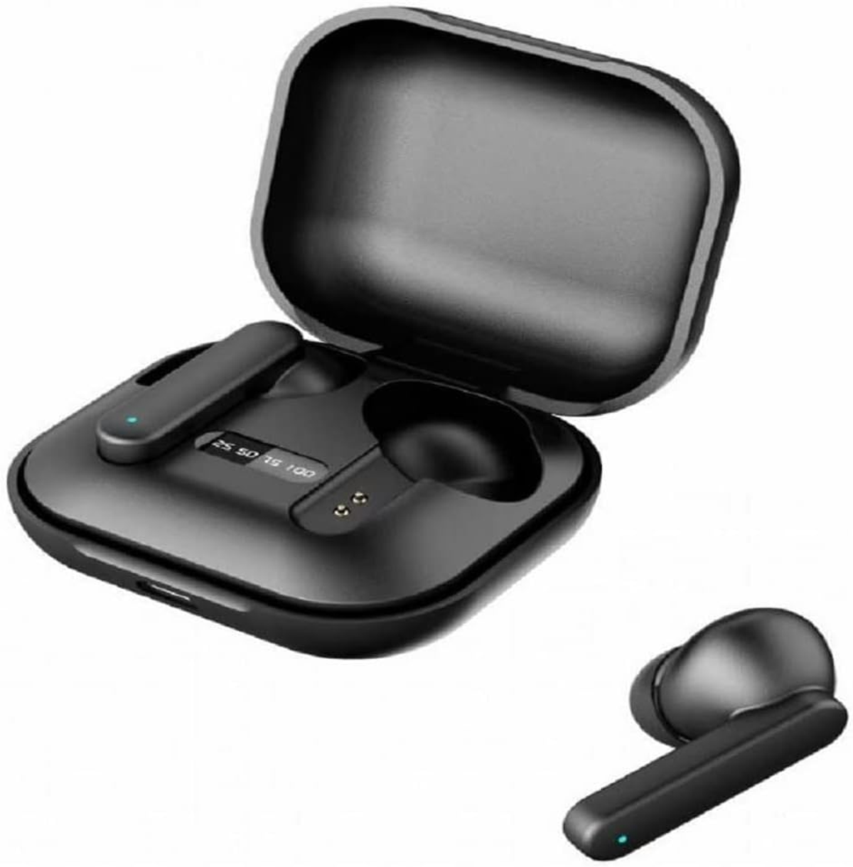 Auricolari wireless neri in una custodia di ricarica. Un auricolare è separato. La custodia mostra una percentuale.