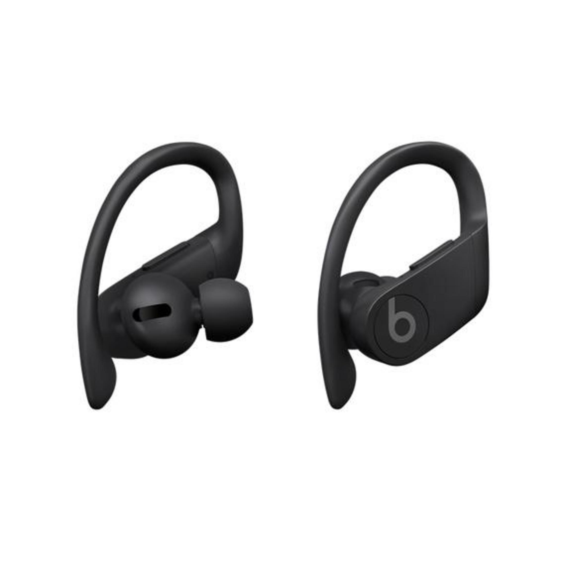 Black wireless earbuds with ear hooks, on a white background.