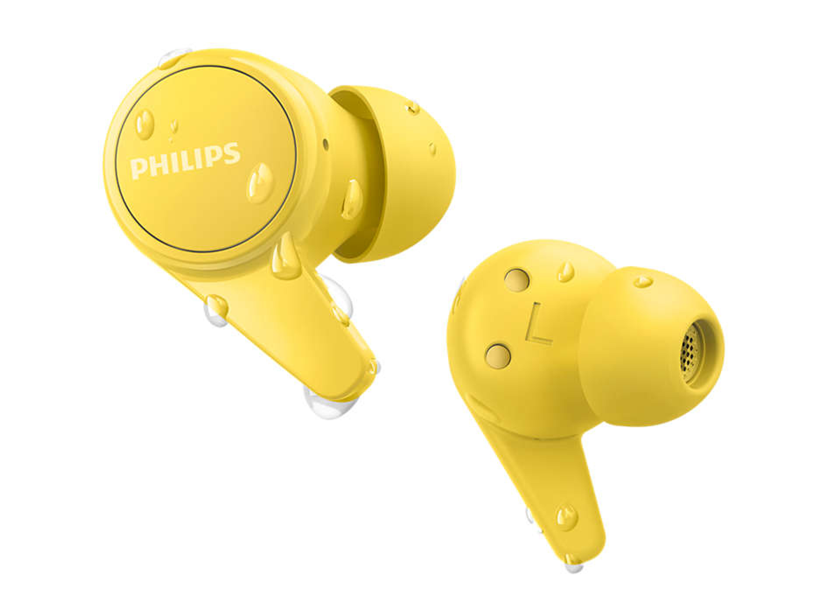 Su damlacıklı iki sarı Philips kulaklık. Biri 'L' işaretini gösteriyor. Beyaz arka plan.