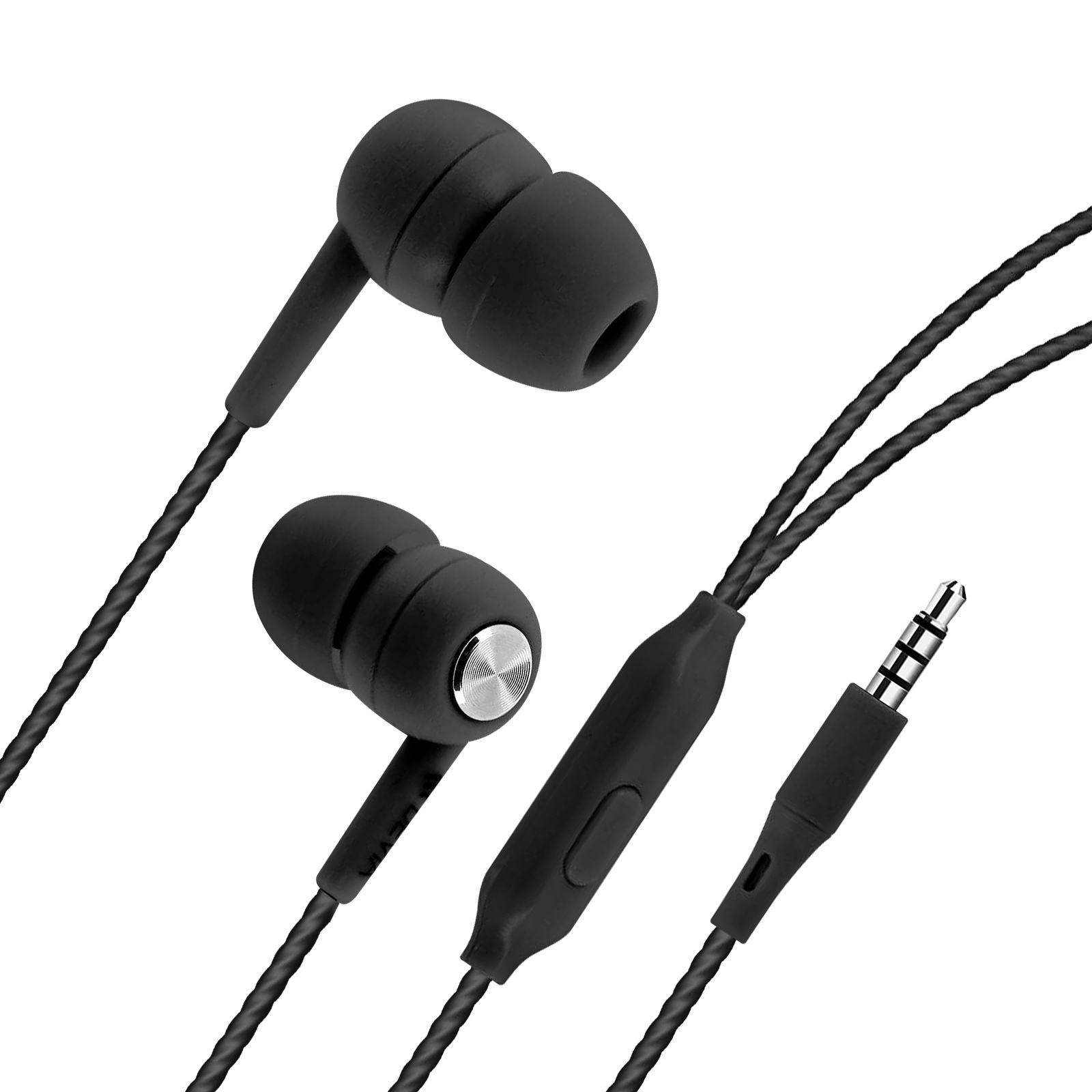 Auricolari neri con microfono e jack da 3,5 mm. Sfondo bianco.