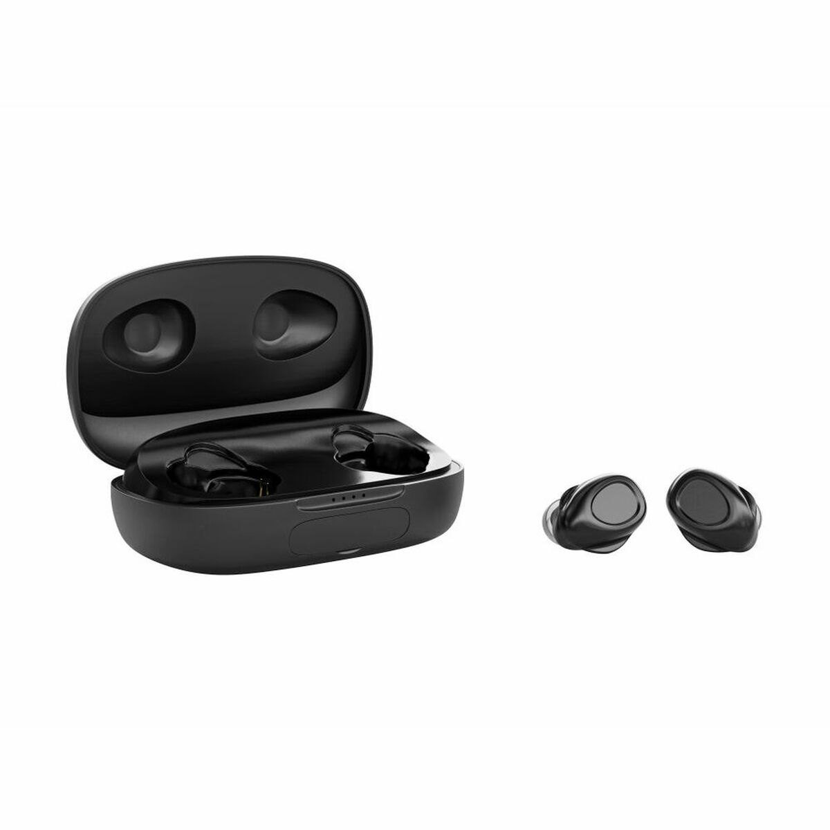 Sono mostrate cuffie auricolari wireless nere, con una custodia di ricarica e due auricolari separati.