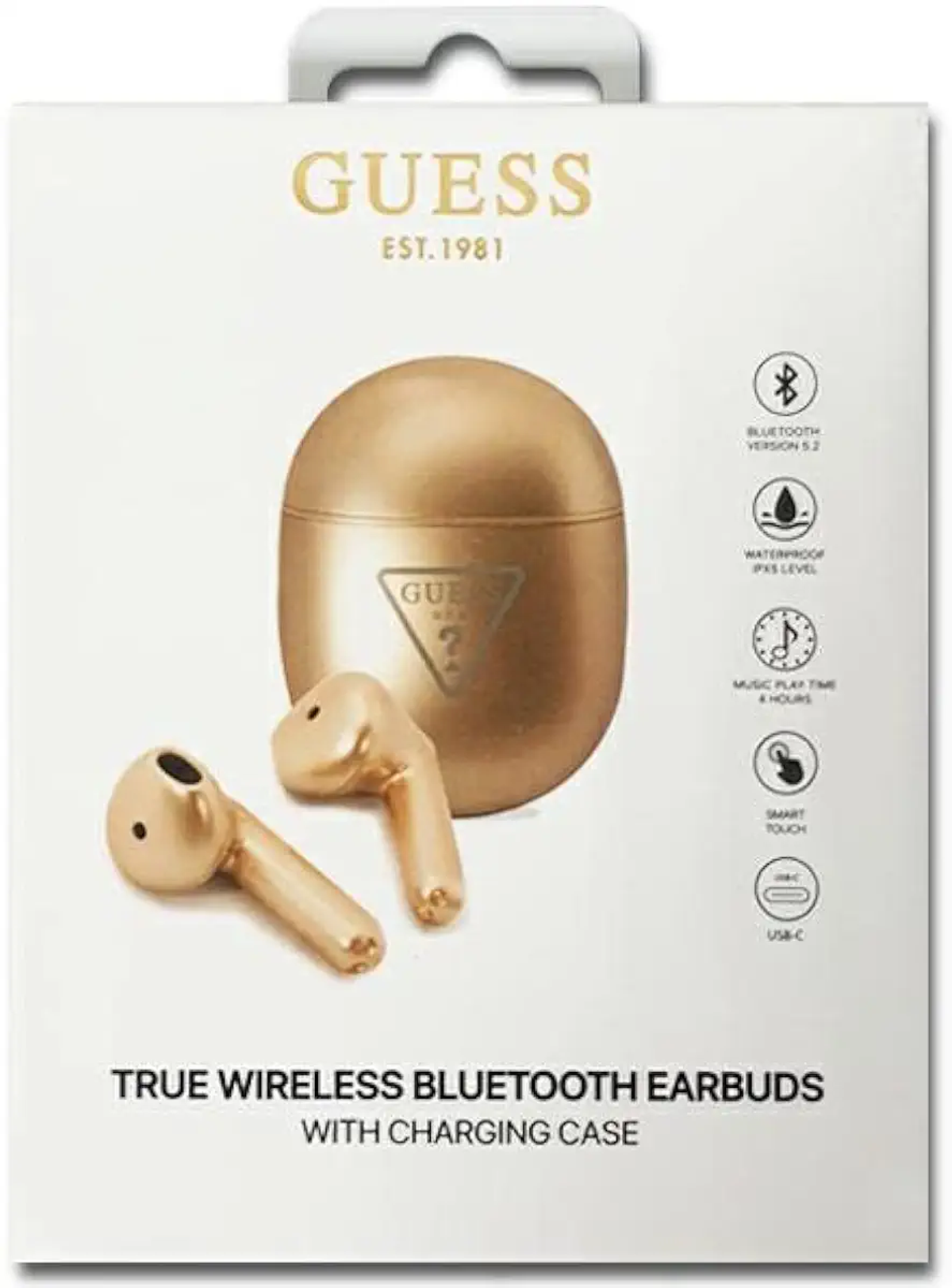 Goldene Guess-Ohrhörer und Ladeetui auf einer weißen Guess-Box mit Spezifikationen und Guess-Logo.