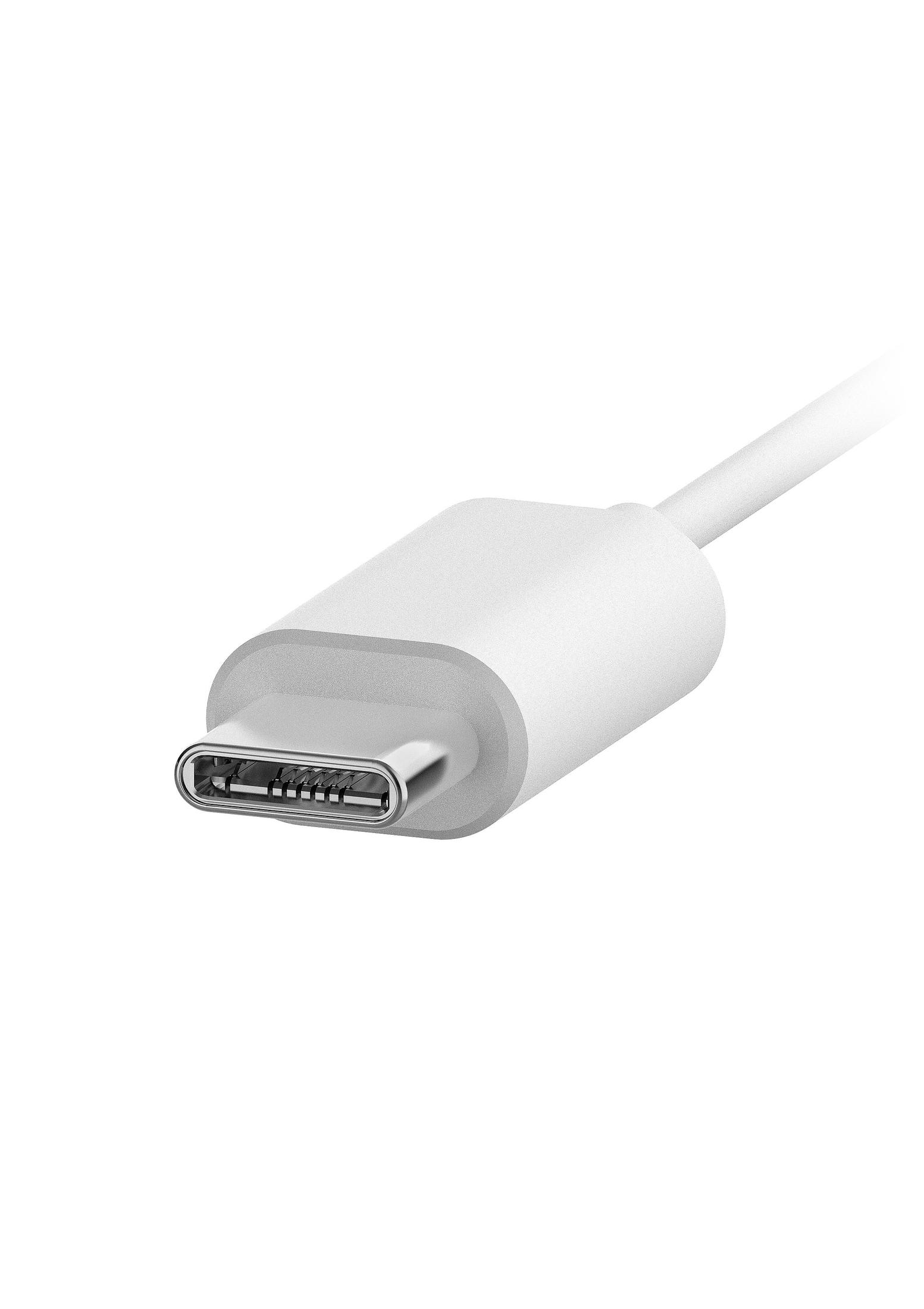Biały kabel USB-C z białym złączem na białym tle.