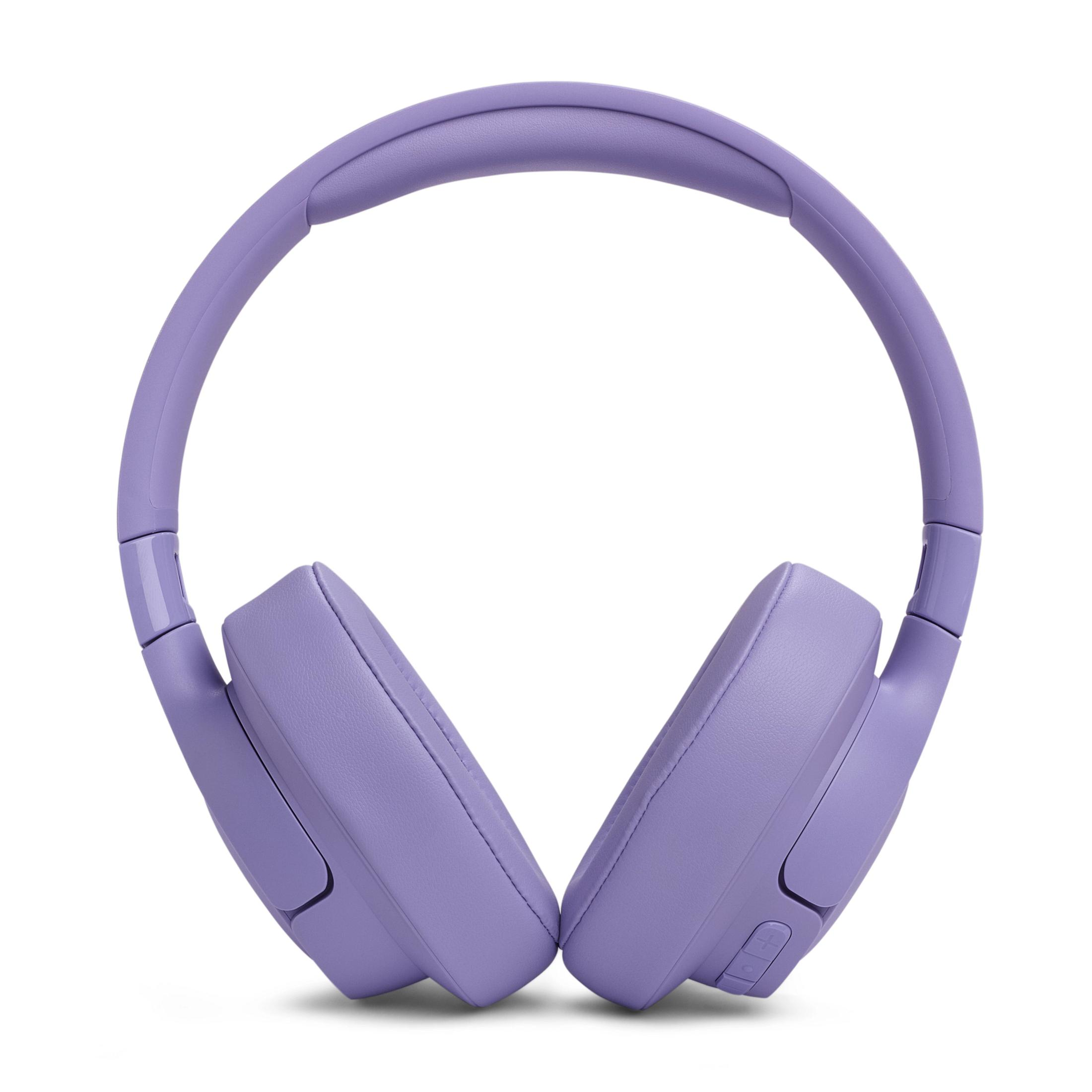 Cuffie viola, vista frontale. I padiglioni sono rivolti verso l'esterno.