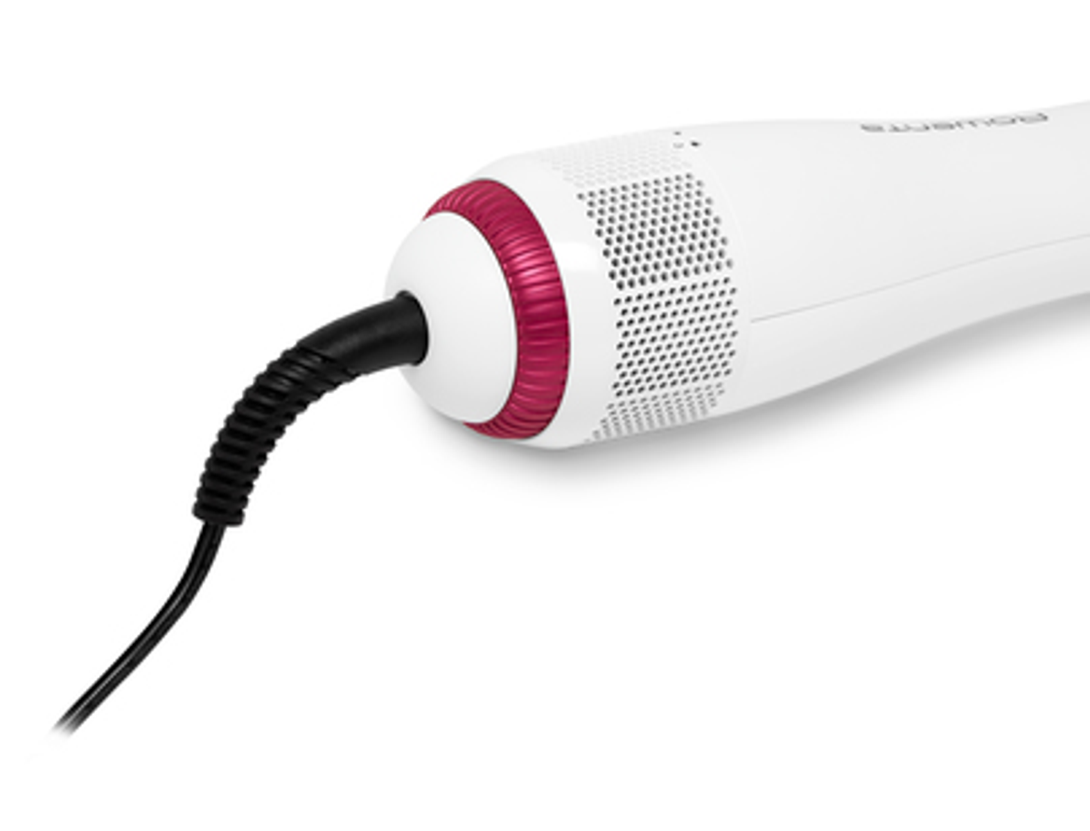 Un secador de pelo blanco con acento rosa y cable negro.
