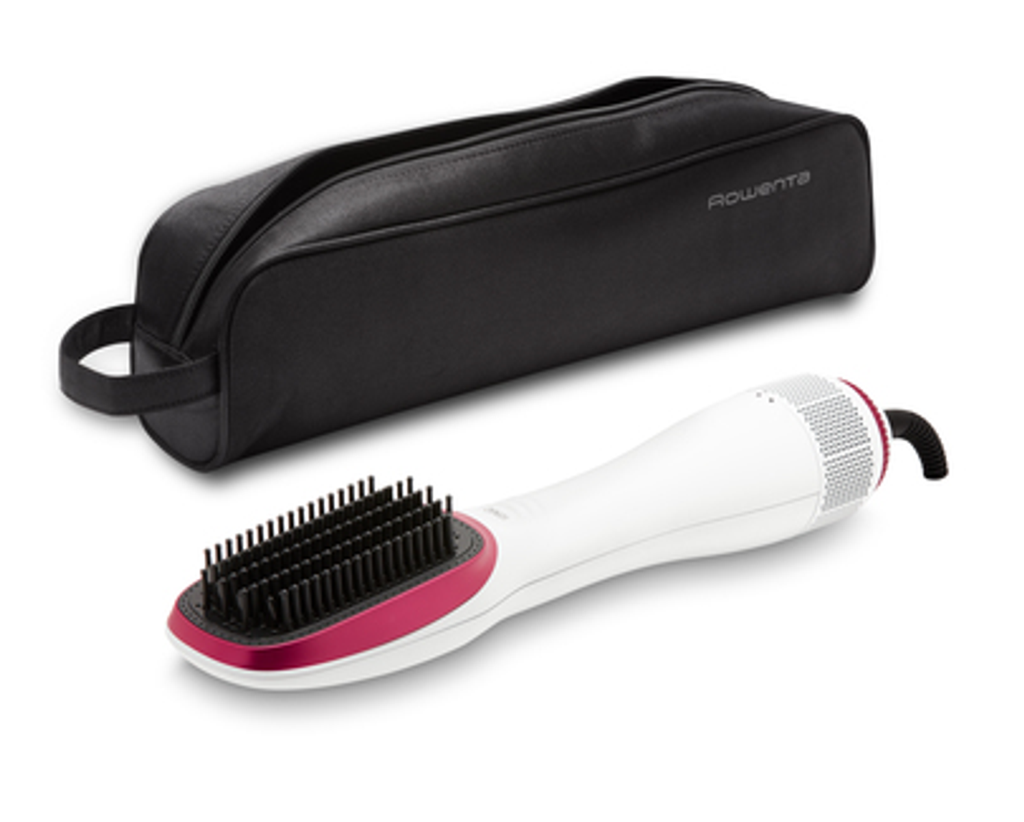 Moldeador de cabello Rowenta blanco y rojo con estuche negro. El moldeador tiene un cepillo.
