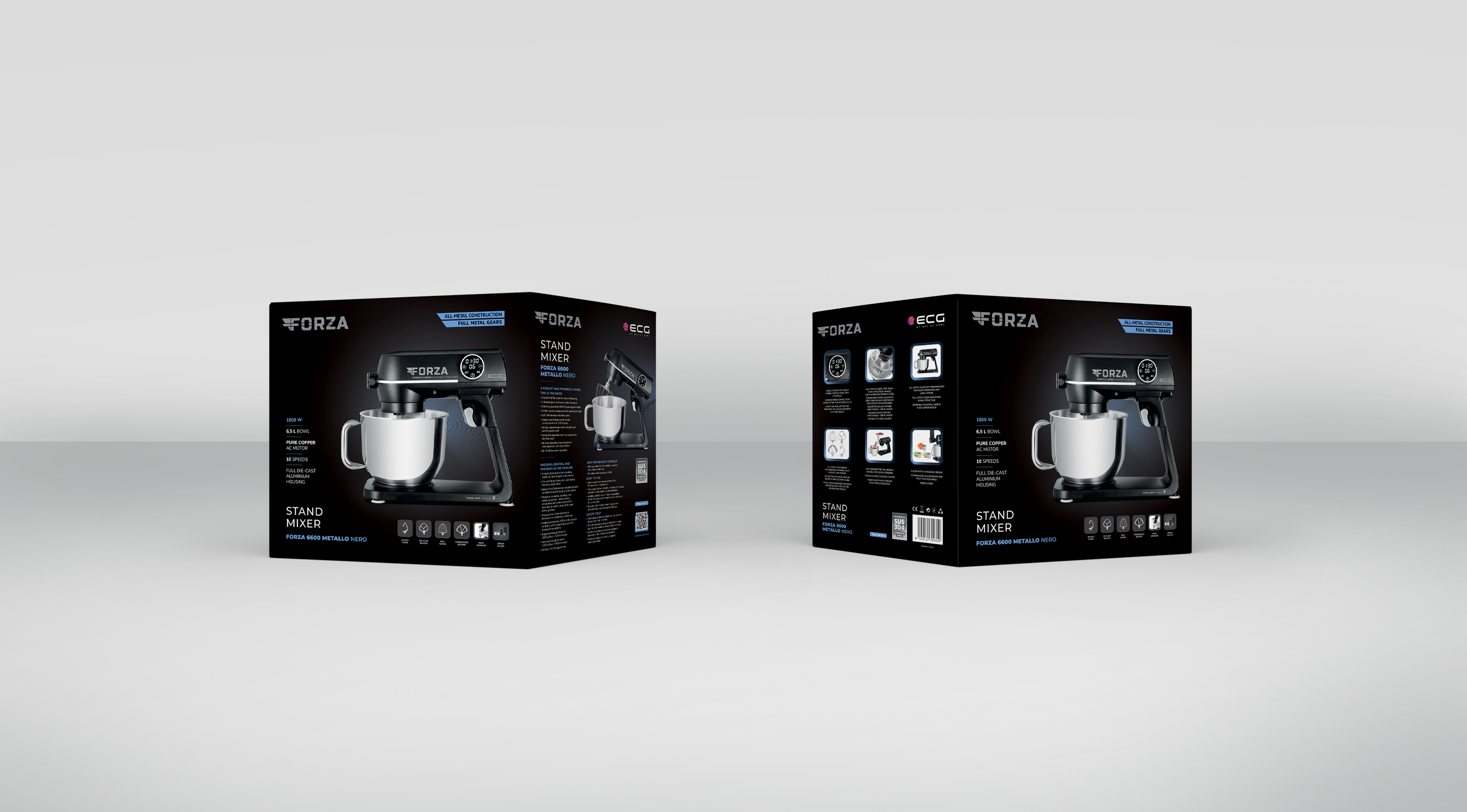 Zwei Standmixer-Kartons. Schwarze Kartons mit Produktbildern und Text, auf grauem Hintergrund.