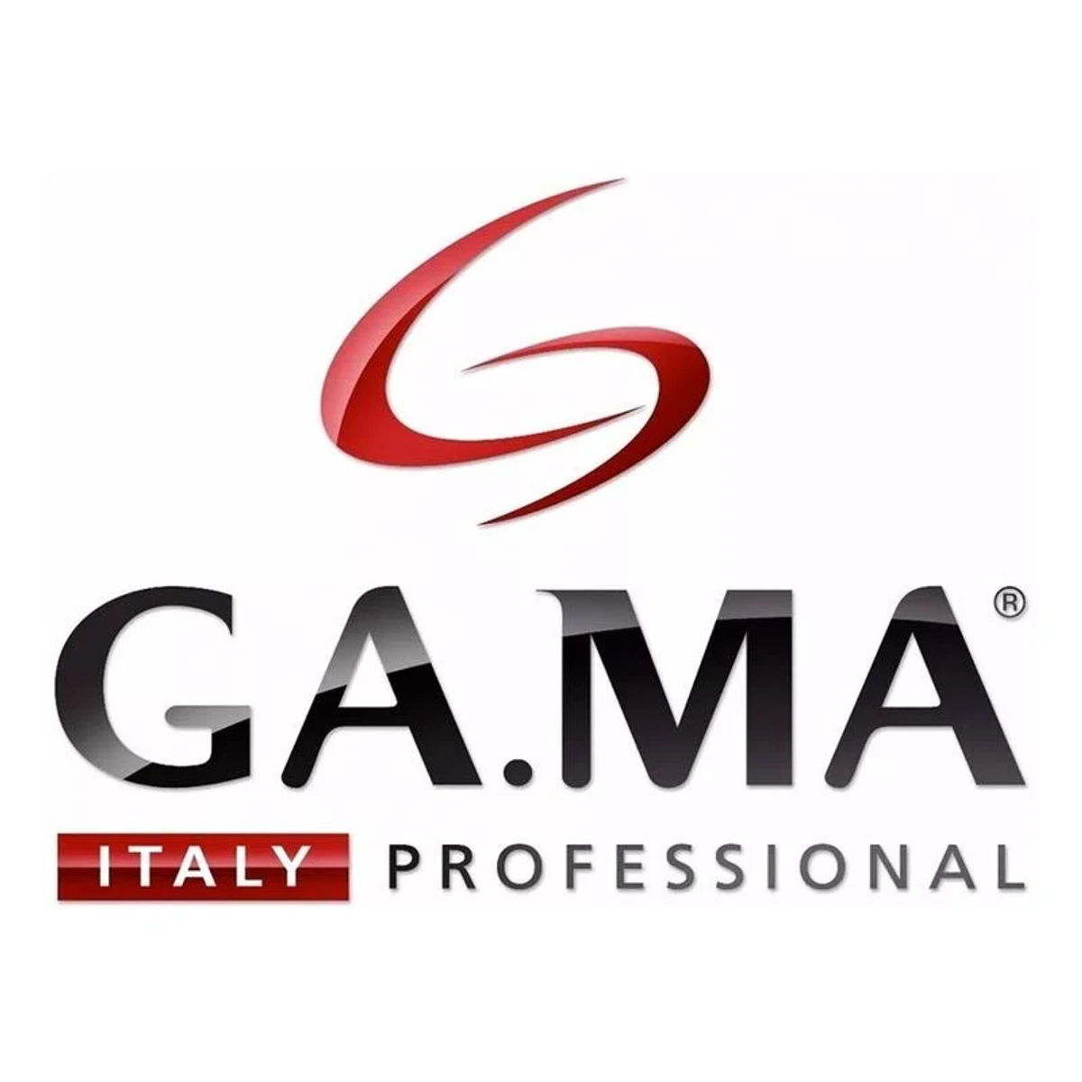 Logo G.A.MA. Czerwony łuk nad czarnym tekstem.