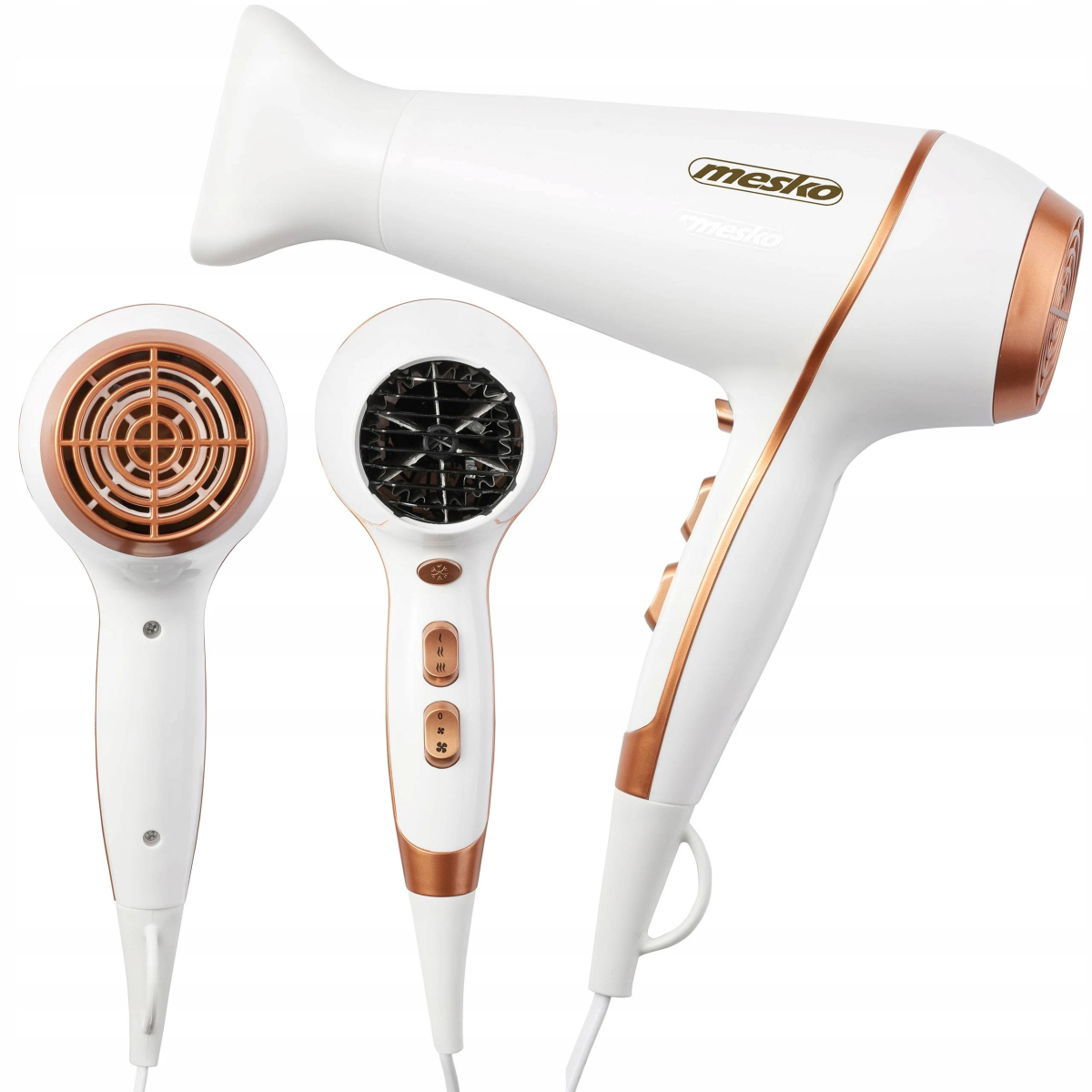Biała suszarka do włosów ze złotymi akcentami, trzy widoki.