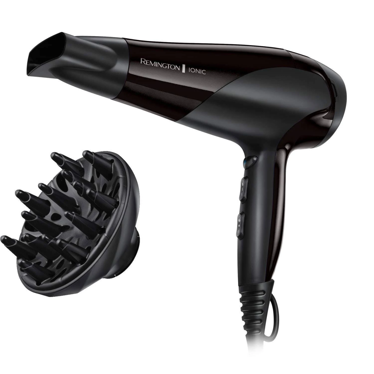 Asciugacapelli Remington Ionic nero con accessorio diffusore. L'asciugacapelli ha pulsanti e un'impugnatura.