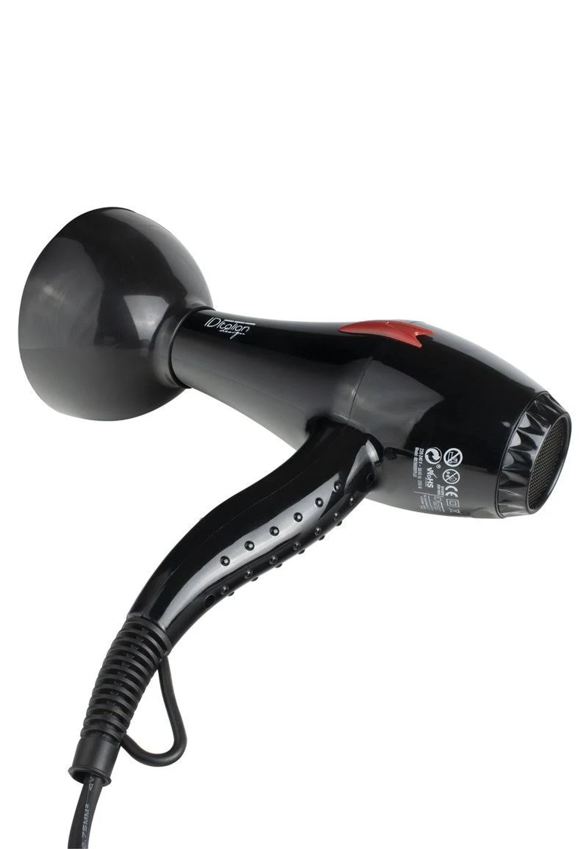 Czarna suszarka do włosów z czerwonym przyciskiem na białym tle.