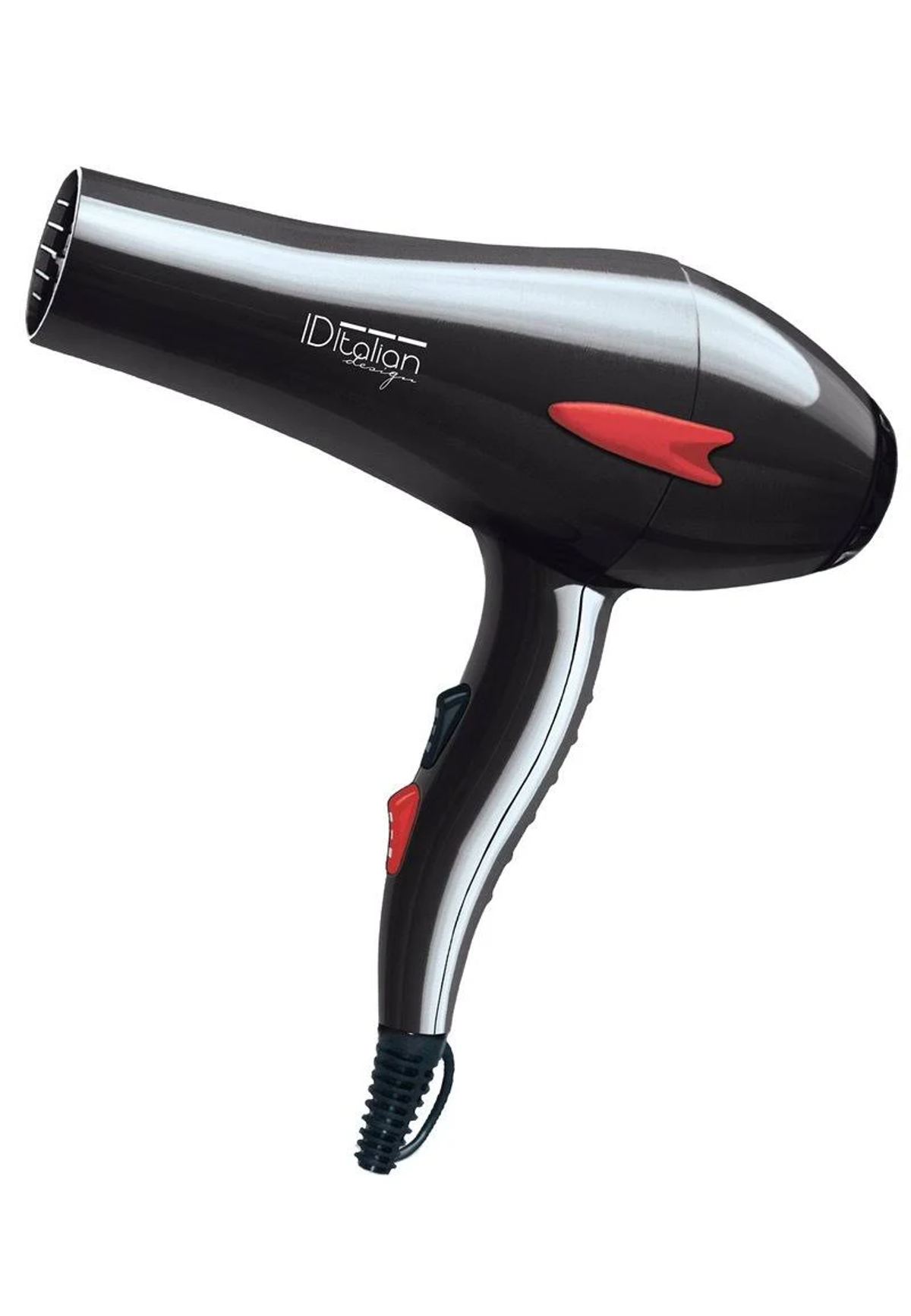 Czarna suszarka do włosów z czerwonymi akcentami, na białym tle.