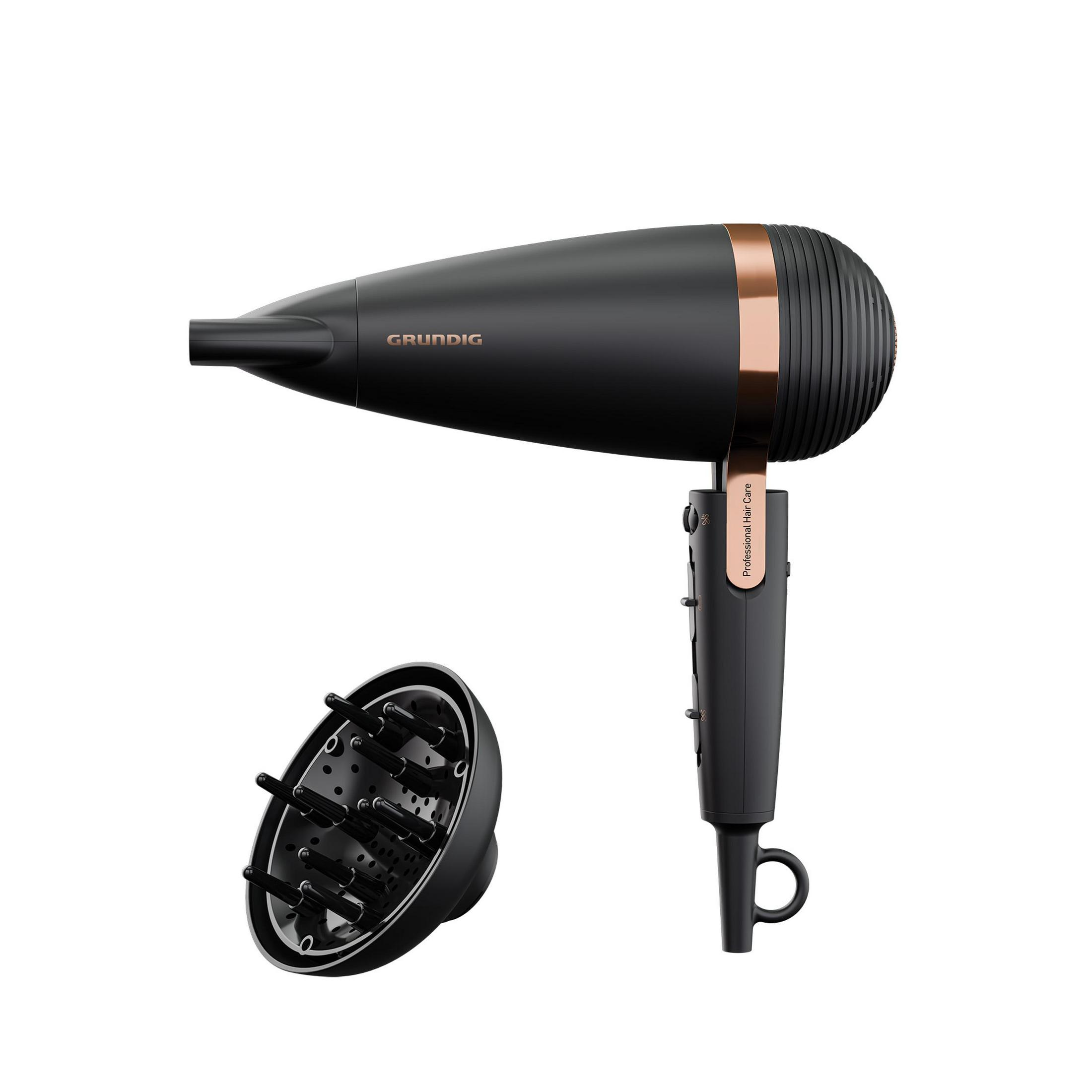 Czarna i miedziana suszarka do włosów z nasadką dyfuzora. Suszarka do włosów jest na białym tle.