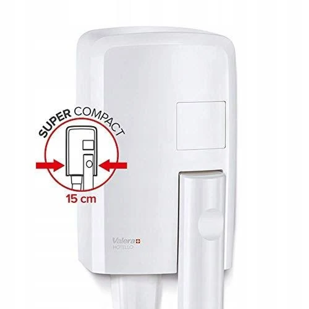 Biała suszarka do włosów Valera Hotelio do montażu na ścianie, kompaktowa, 15 cm szerokości.