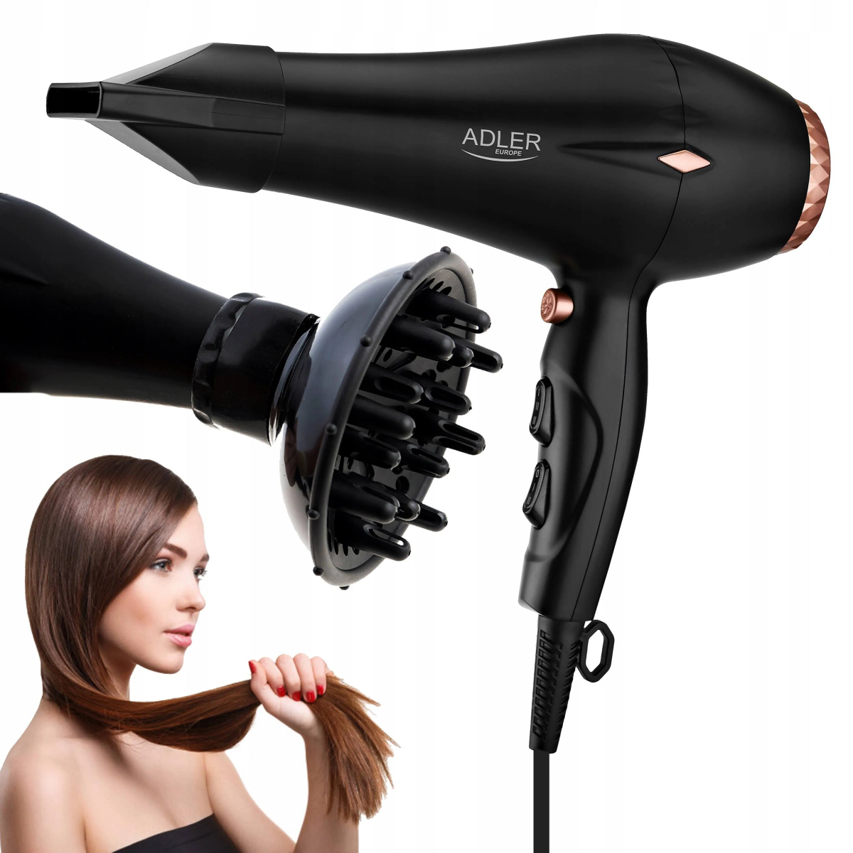 Czarna suszarka do włosów z dyfuzorem. Kobieta trzyma włosy do suszenia.