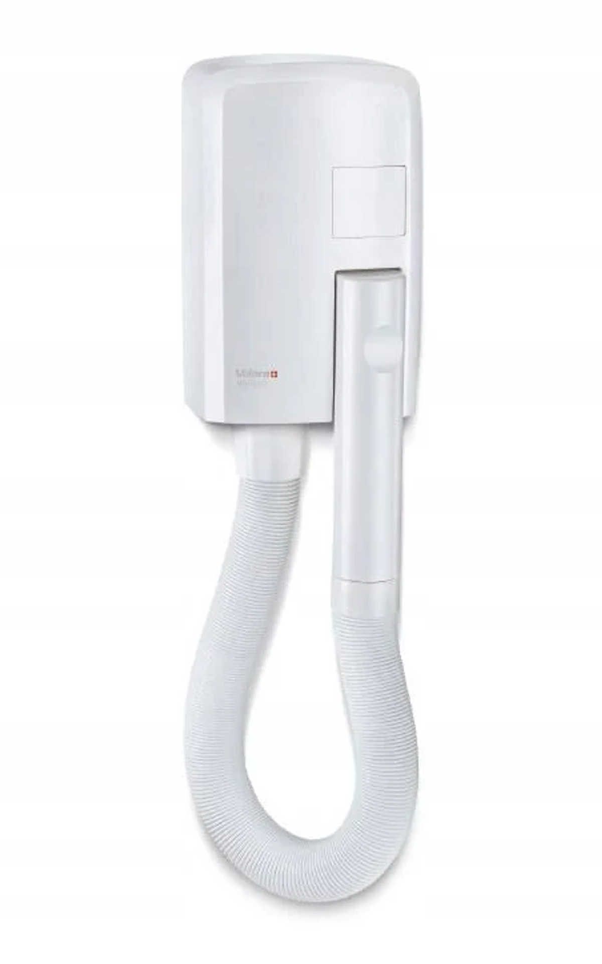 Biała suszarka do włosów Milord montowana na ścianie z elastycznym wężem, na białym tle.