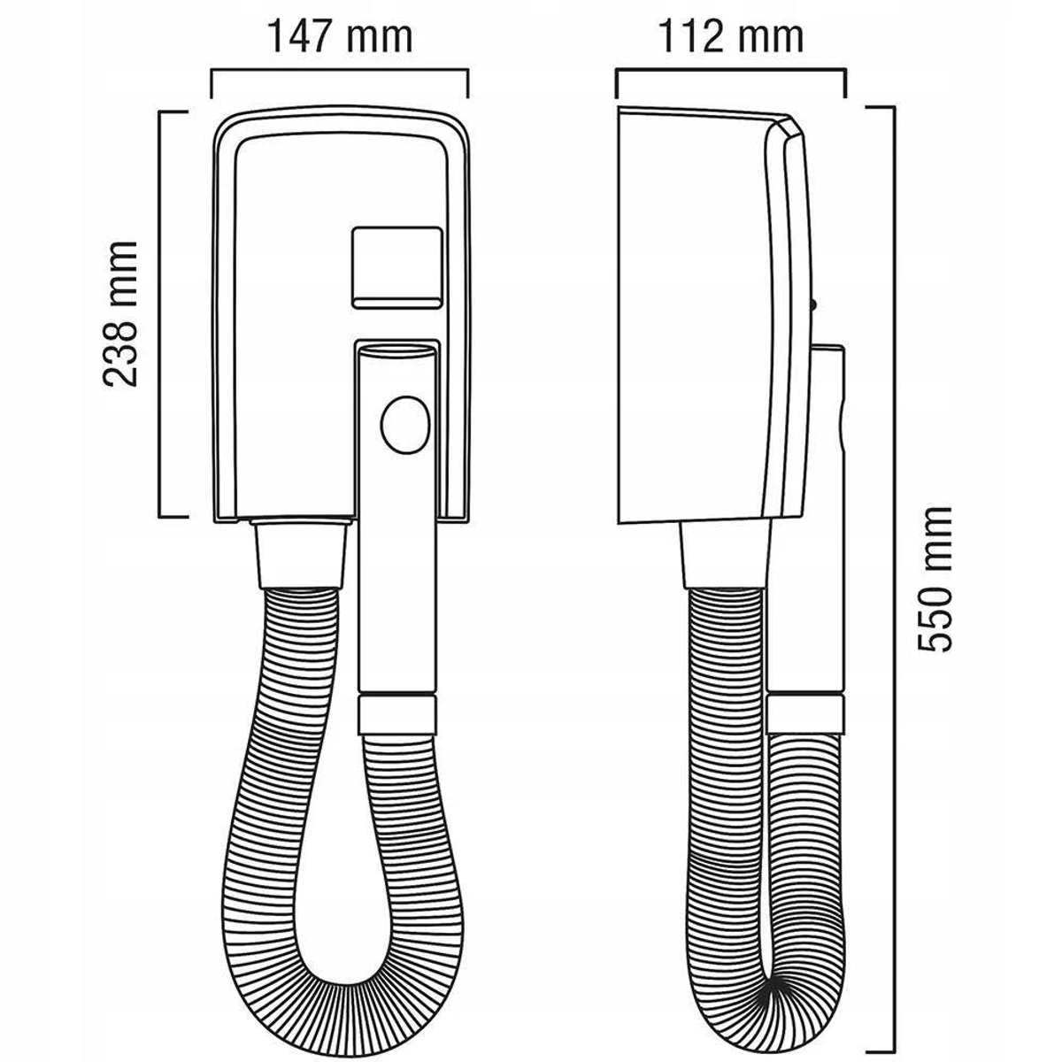 Rysunek techniczny białej suszarki do rąk z wymiarami w milimetrach.