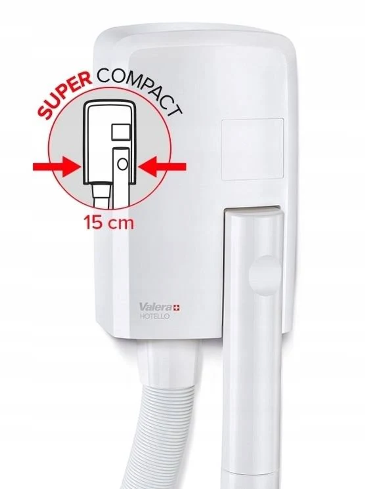 Biała suszarka do włosów montowana na ścianie z etykietą 'SUPER COMPACT', 15 cm.