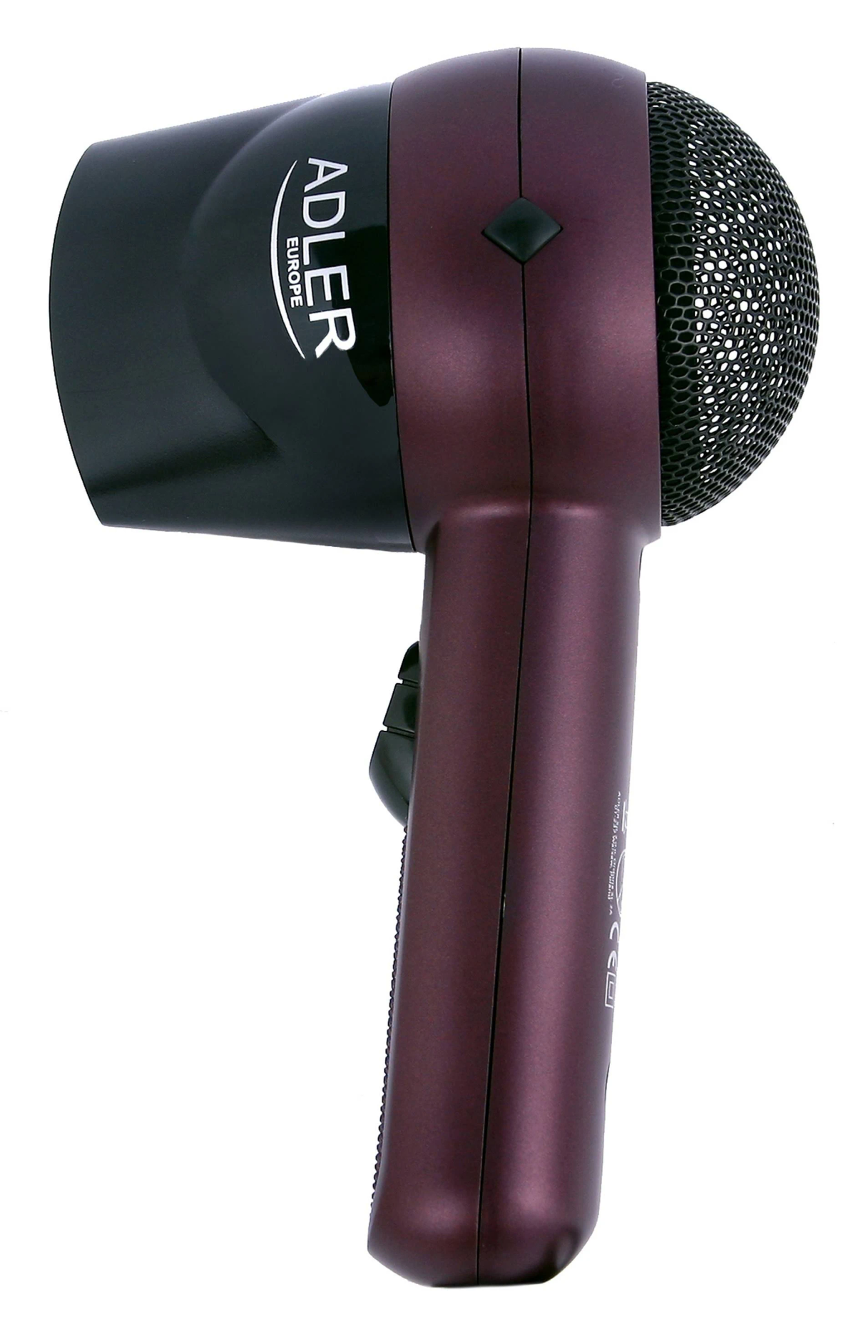 Fioletowa i czarna suszarka do włosów, białe tło.