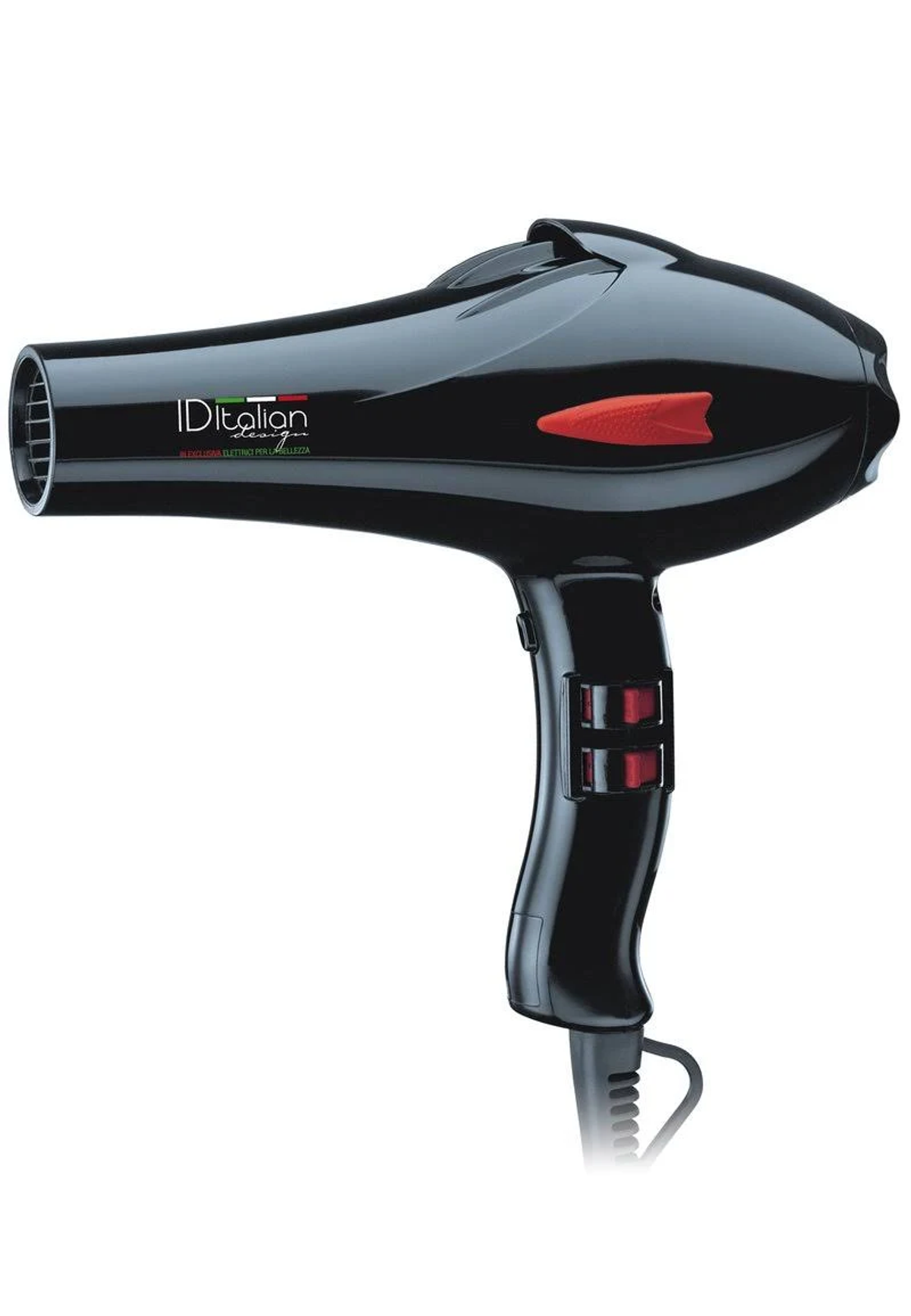Czarna suszarka do włosów. Ma czerwone akcenty i jest na białym tle.