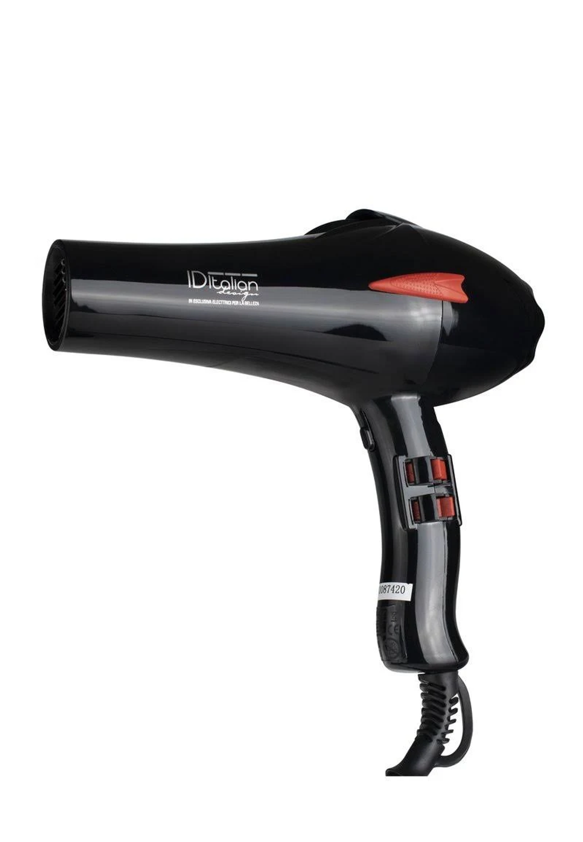 Czarna suszarka do włosów. Widoczne czerwone przyciski i czarny przewód.