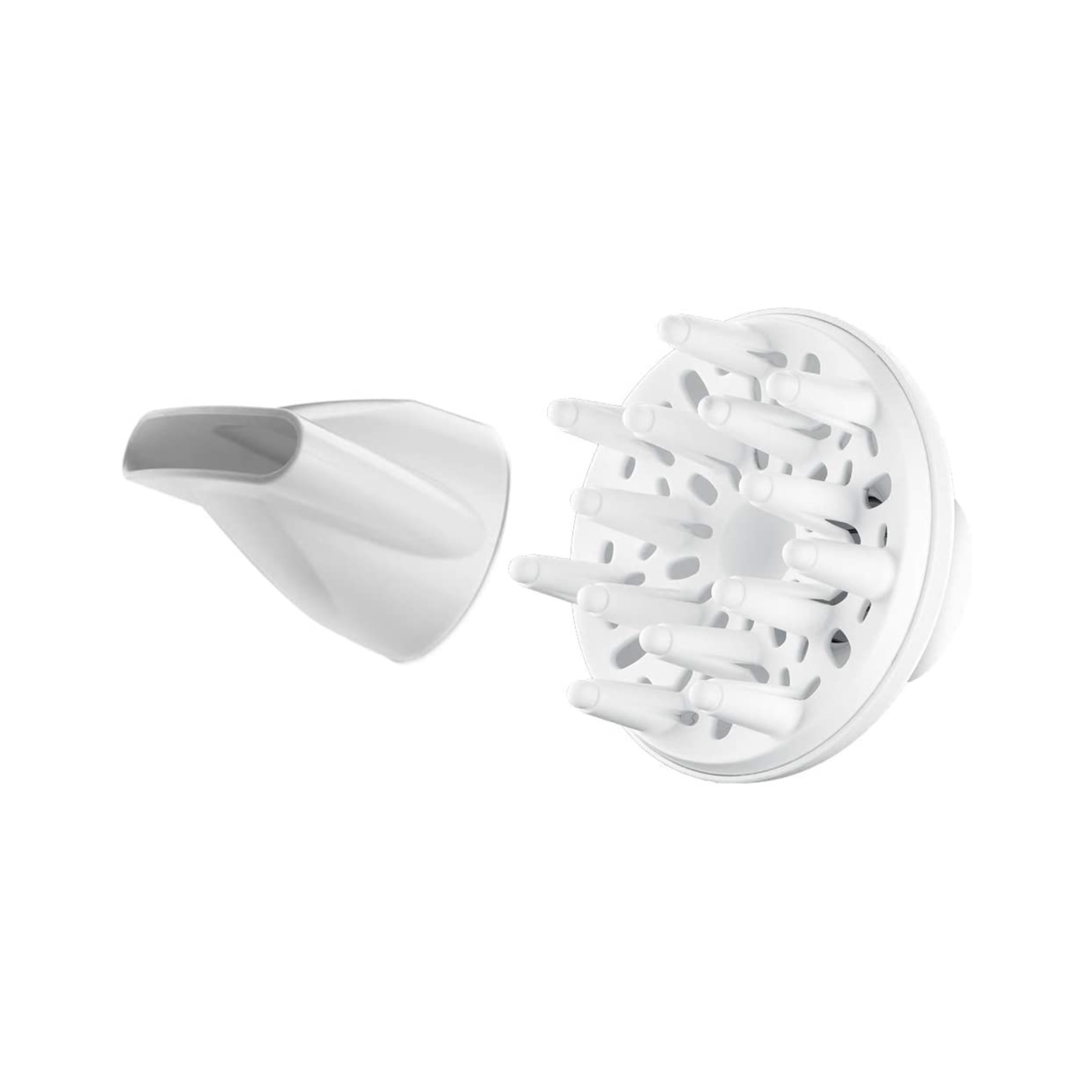 Witte föhnaccessoires. Diffuser en mondstuk, beide van wit plastic.