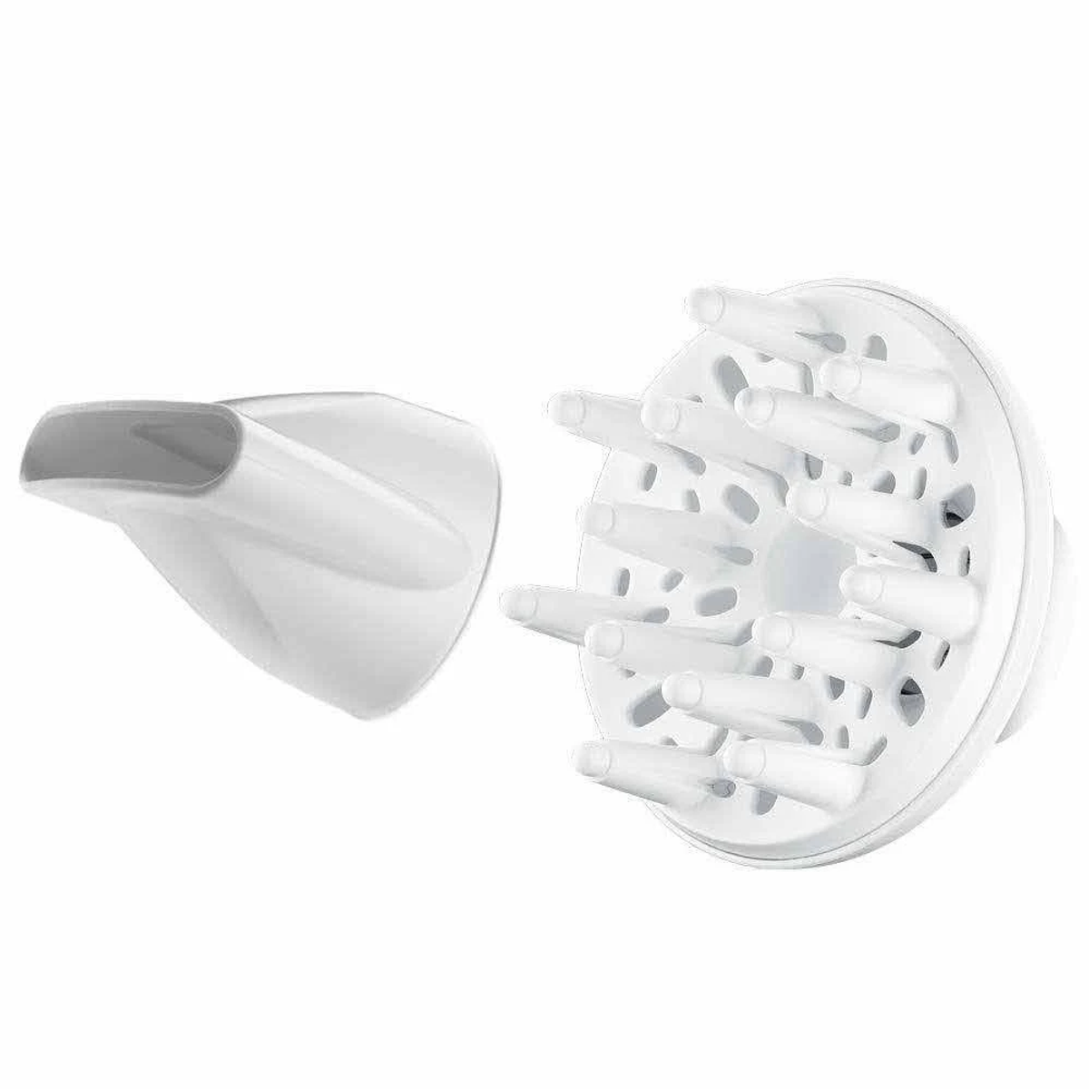 Witte opzetstukken voor een föhn. Een mondstuk en een diffuser, ontworpen voor styling.