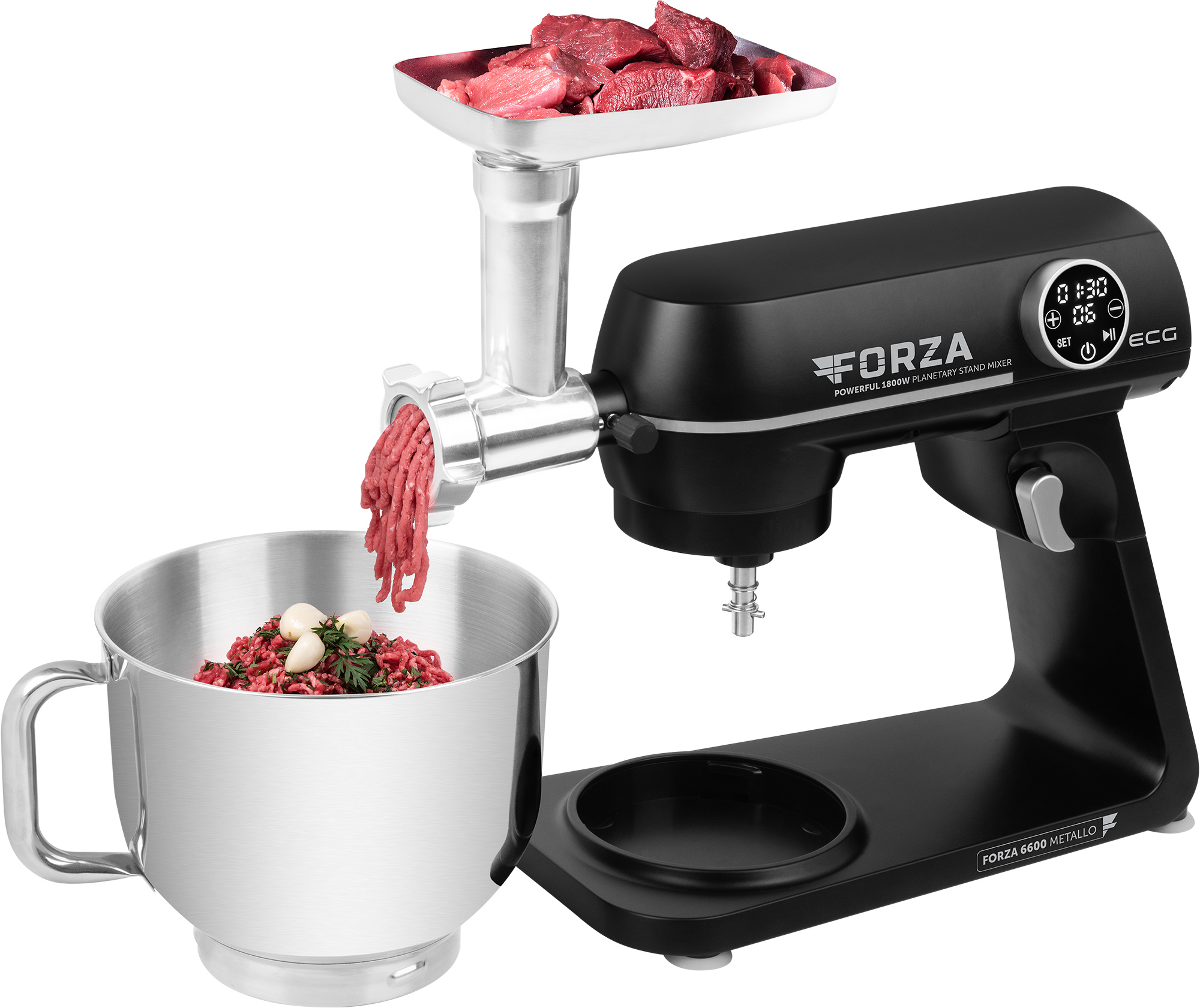 Ein schwarzer Food-Processor mit Fleischwolf-Aufsatz, der Fleisch in eine Schüssel mahlt. Eine Schüssel mit Fleisch und Knoblauch.