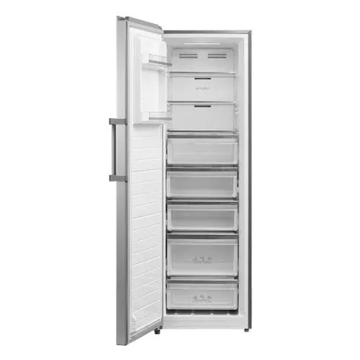 Refrigerador abierto con cajones y estantes. Plateado y blanco, puerta a la izquierda.
