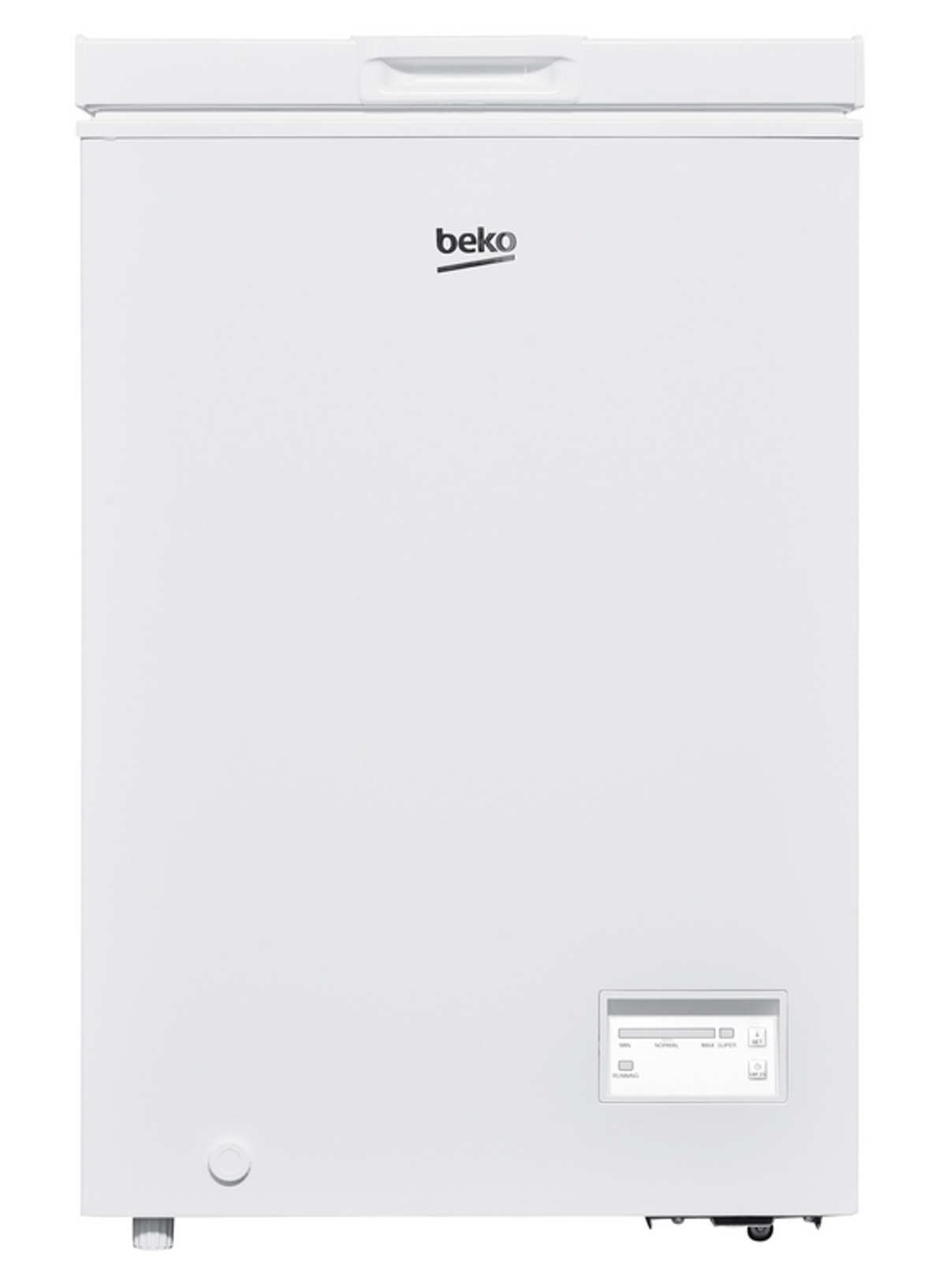 Congelatore a pozzetto bianco con coperchio chiuso, logo Beko.