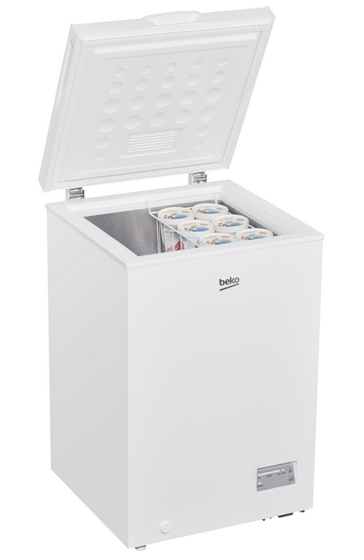 Congelatore bianco con la porta aperta, che mostra contenitori di cibo all'interno. Sfondo bianco.