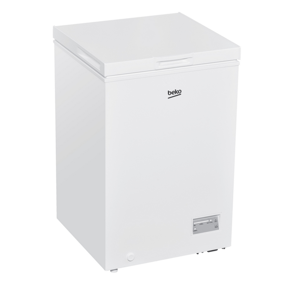 Congelatore a pozzetto Beko bianco, forma rettangolare, con maniglia e pannello di controllo, su sfondo bianco.