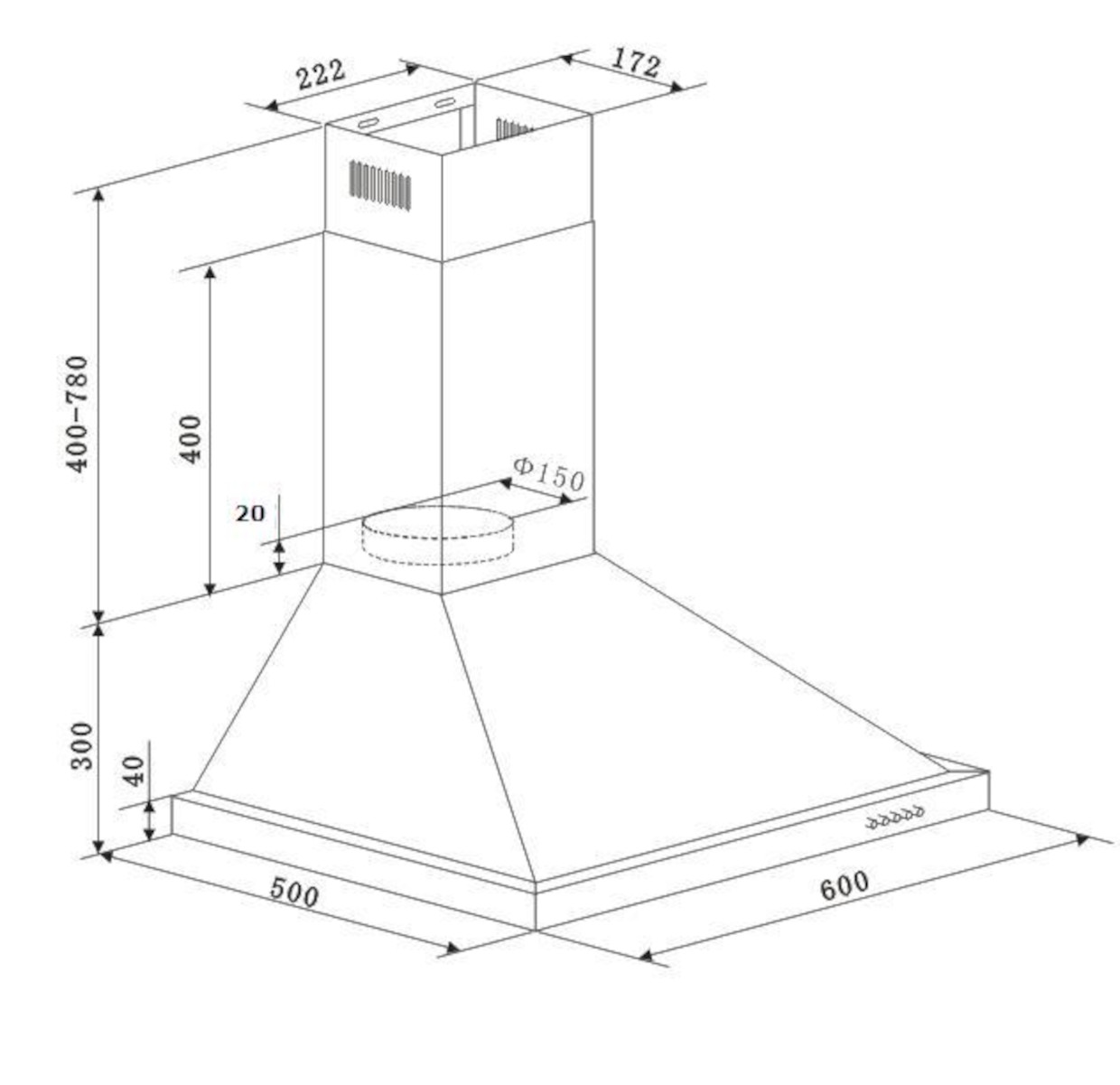Diagramm einer Küchenhaube mit Abmessungen, Pfeilen und Beschriftungen.