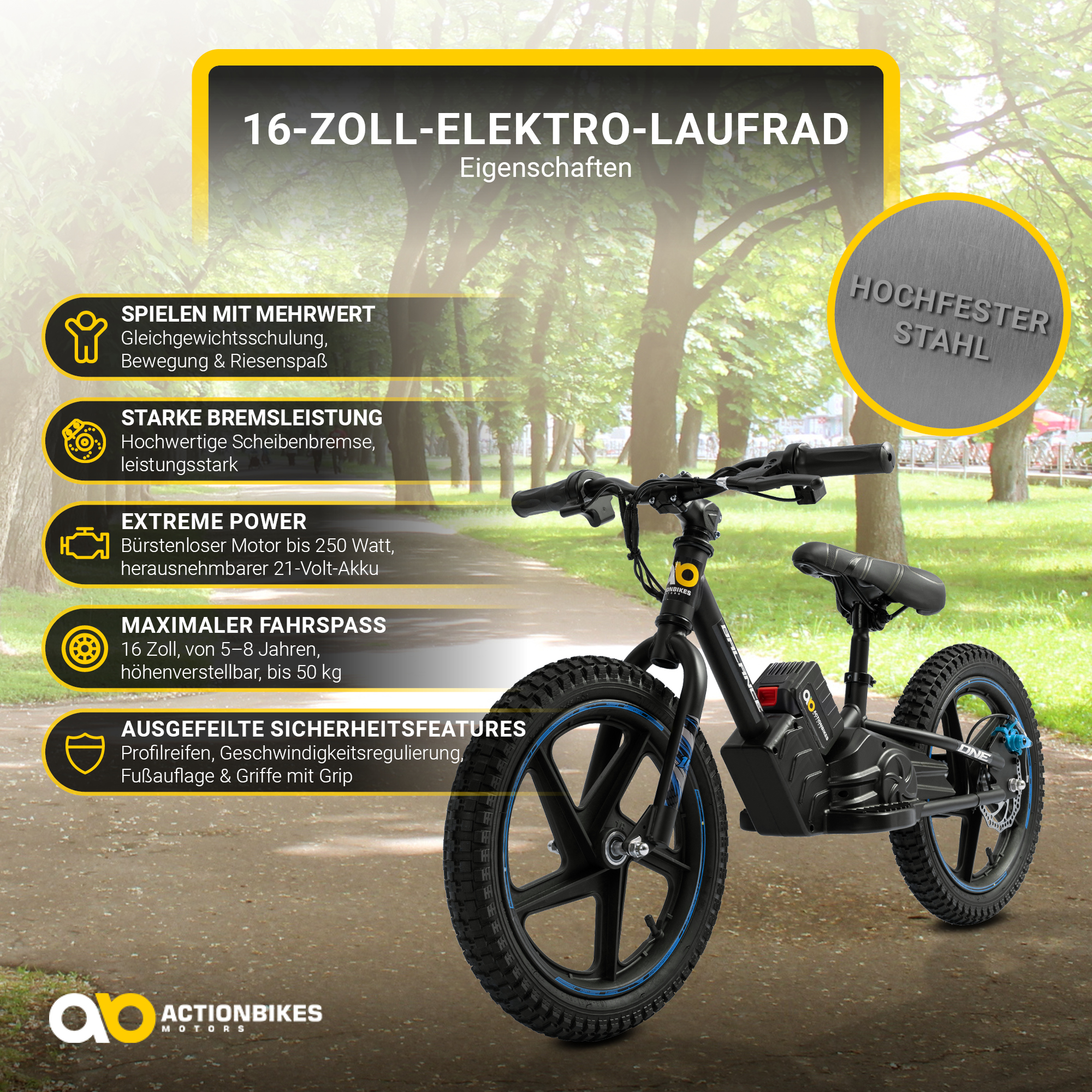 ACTIONBIKES MOTORS Elektro Laufrad Balance 12\' blau) 16 Kinderfahrrad Kinder-Rad, (Laufradgröße: Bike Zoll