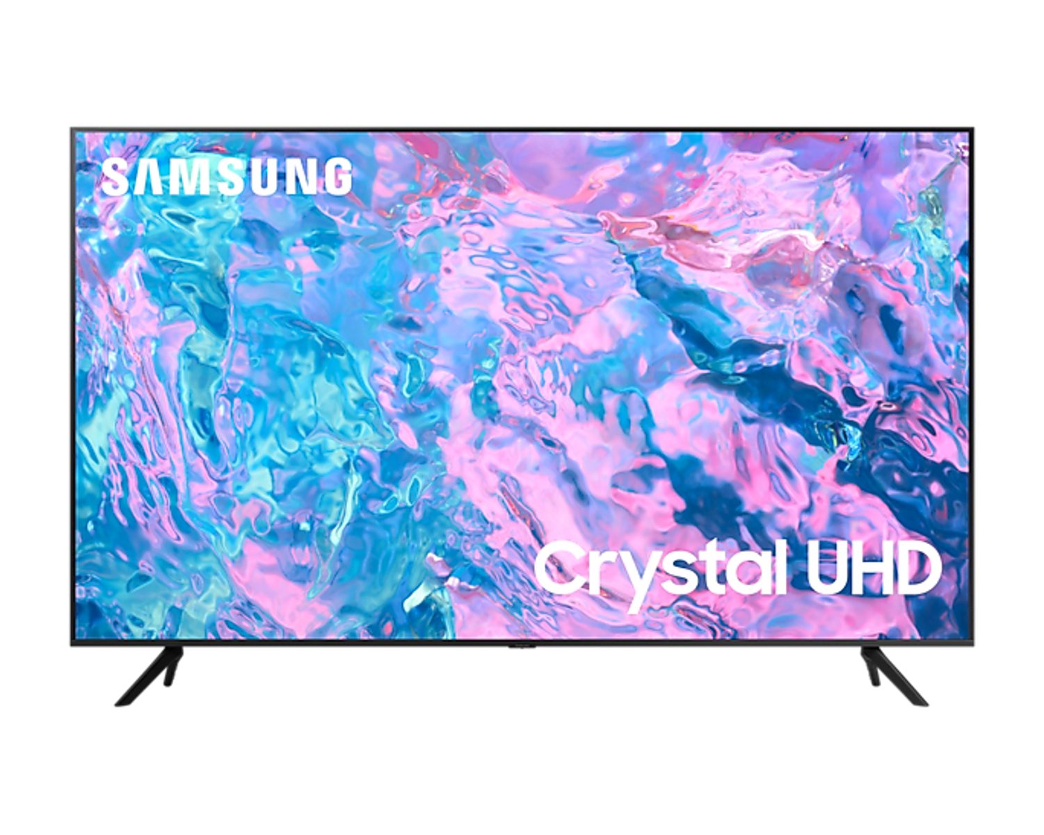 Un televisor Samsung Crystal UHD encendido, mostrando una imagen abstracta y colorida. Tiene patas negras.