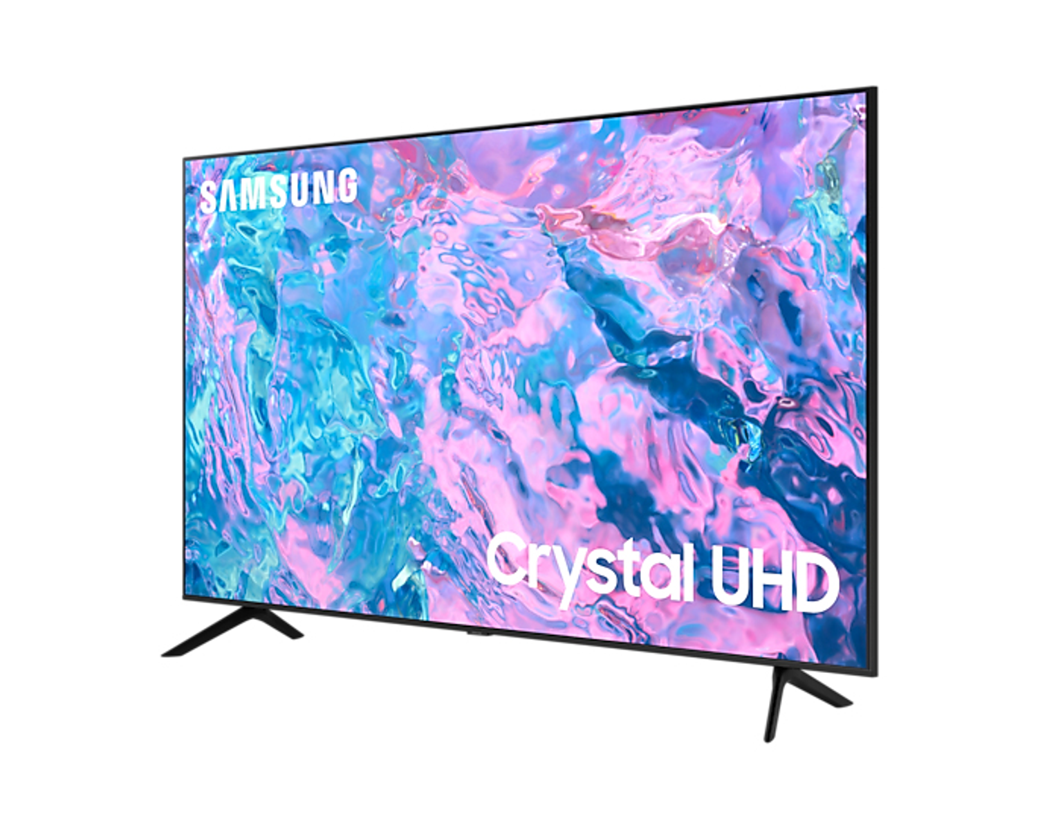 TV Samsung Crystal UHD. Pantalla con arte abstracto. Patas negras.